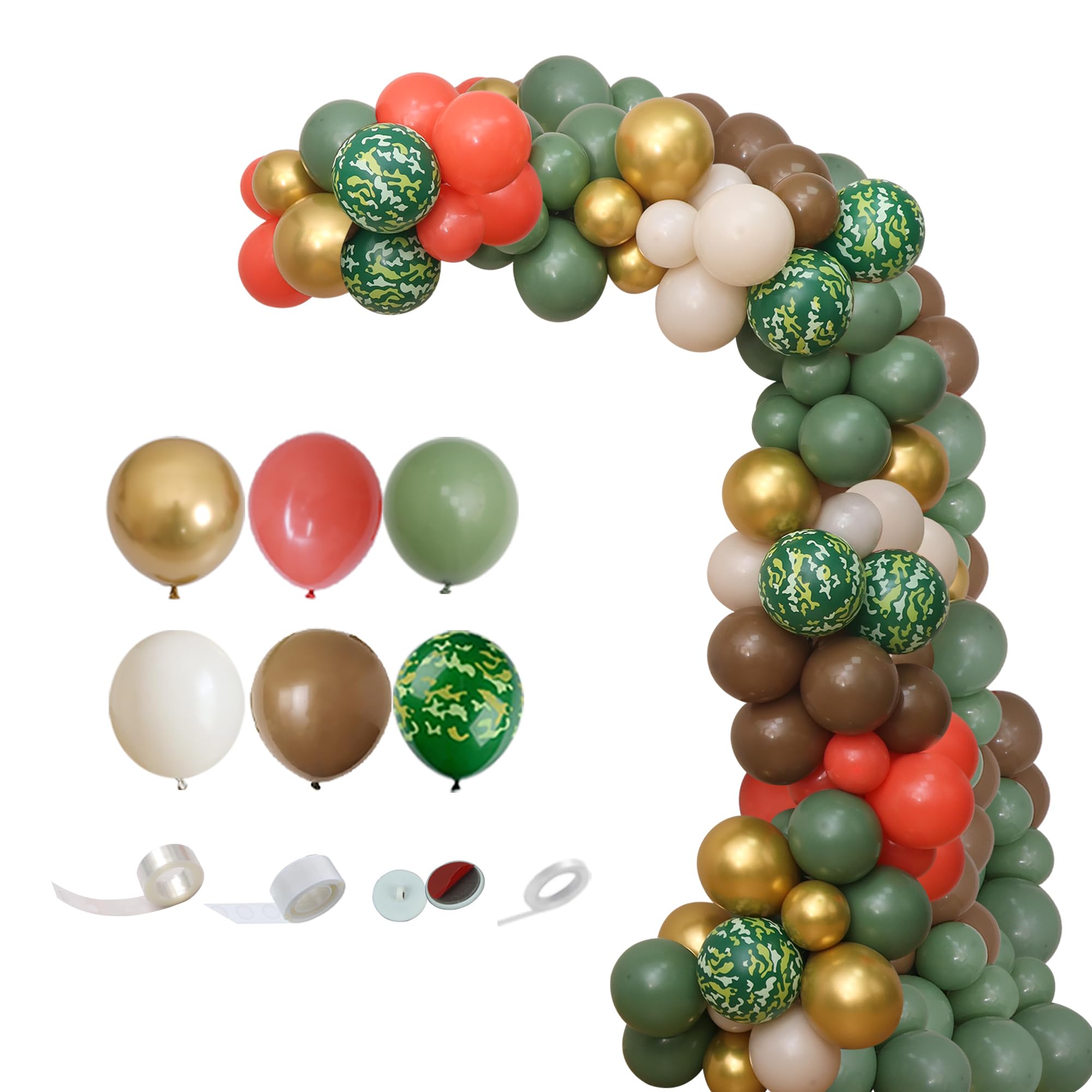 MYDECORBL Camping Woodland Balloons Combination,115 PCS Matte Coral Dusty Green Camouflage Balloon Balloons garland Arch Kits for Birthday Wedding