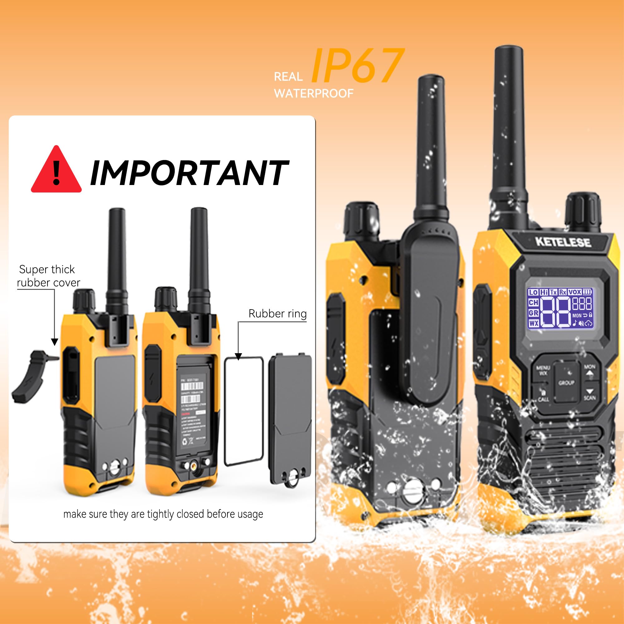 Ketelese T4 Walkie Talkies 2 Pack IP67 Waterproof Radio - Dettaglio