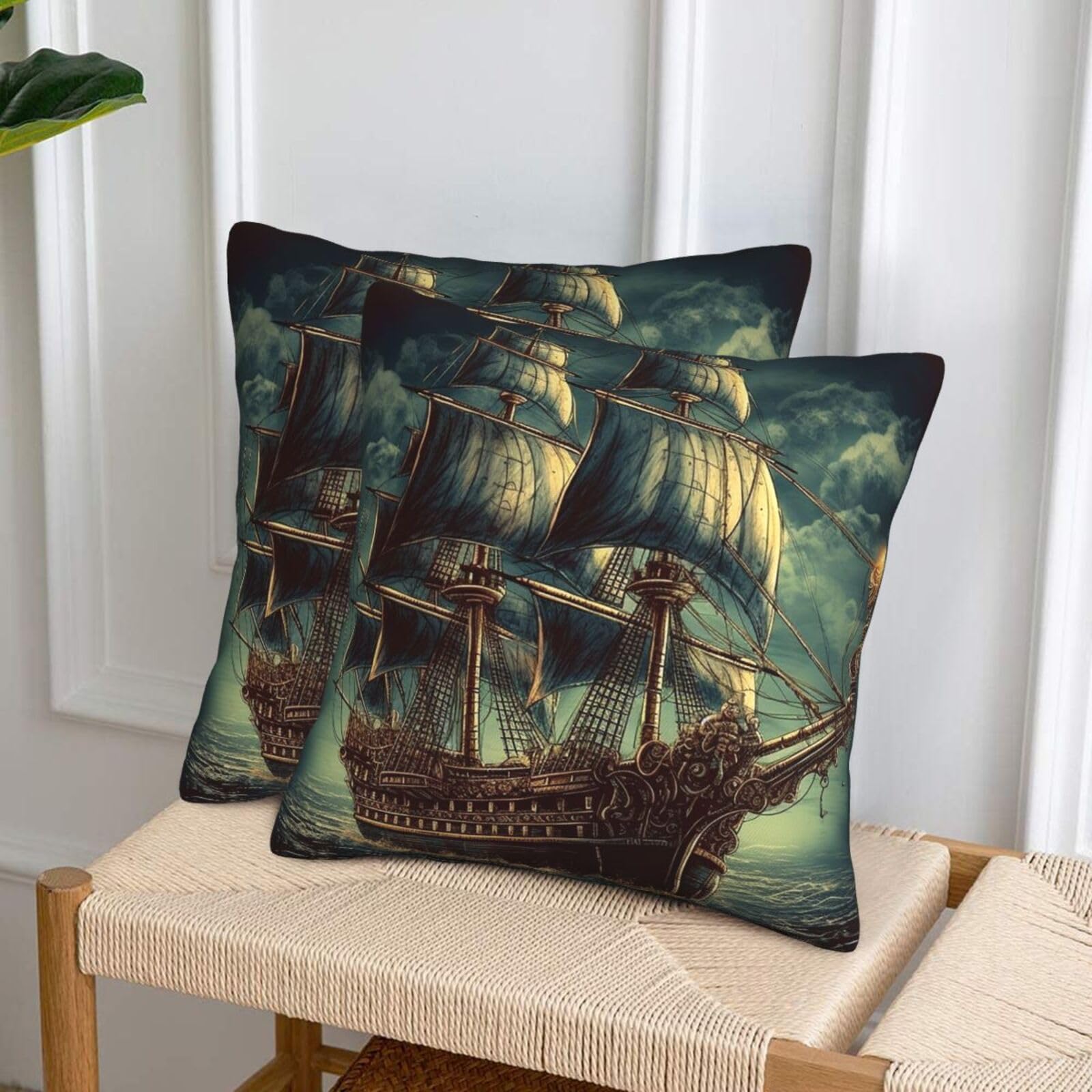 NONHAI Decorative Throw Pillow Covers Set of 2, 20"x20" Square Cushion Case Soft Comfy Nautical Vintage Sailing Pirate Ship Throw Pillows for Couch Cushion Livingroom Farmhouse Home Decor Pillowcases