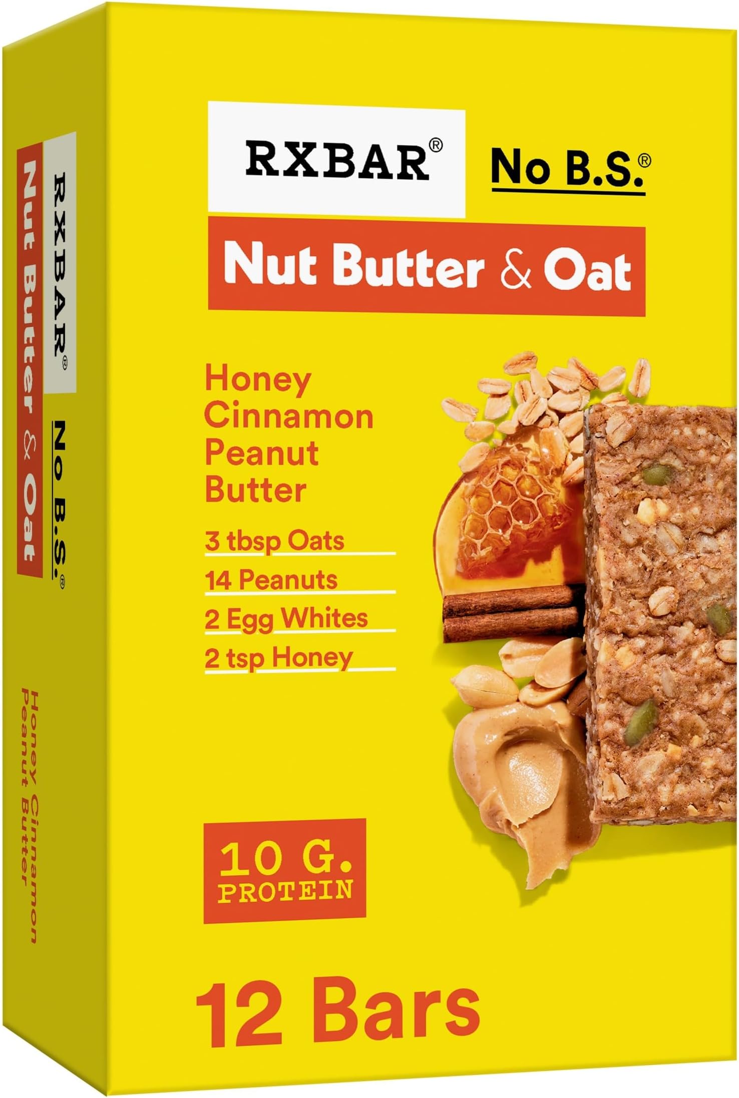 Nut Butter and Oat Protein Bars, Protein Snacks, Snack Bars, Honey Cinnamon Peanut Butter, 23.2oz Box (12 Count)