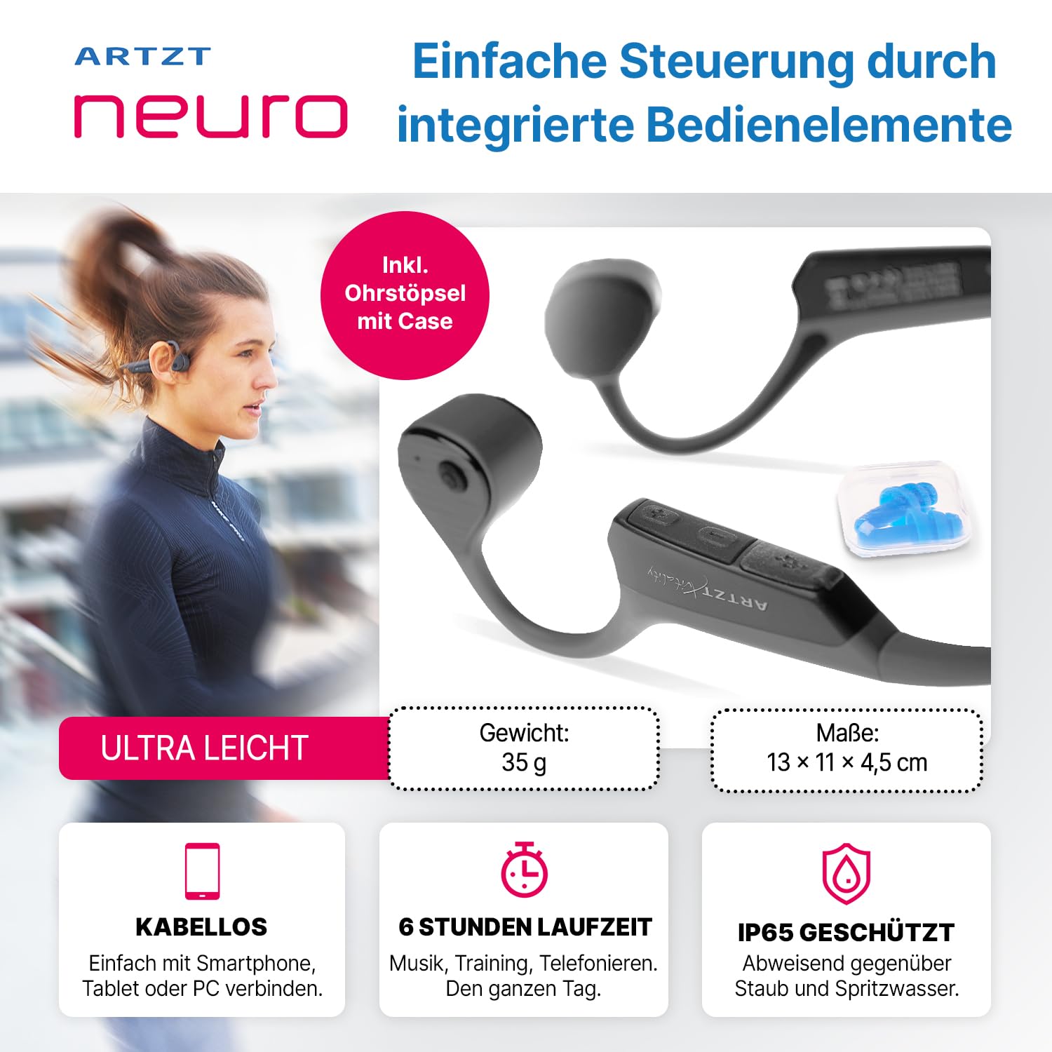 Knochenschall Kopfhörer Kabellos mit Mikrofon Open Ear Headset - SoundVibe - Schutz vor Wasser und Staub - Sportkopfhörer für Sport Freizeit Neuroathletik 13 x 11 x 4,5 cm, Grau