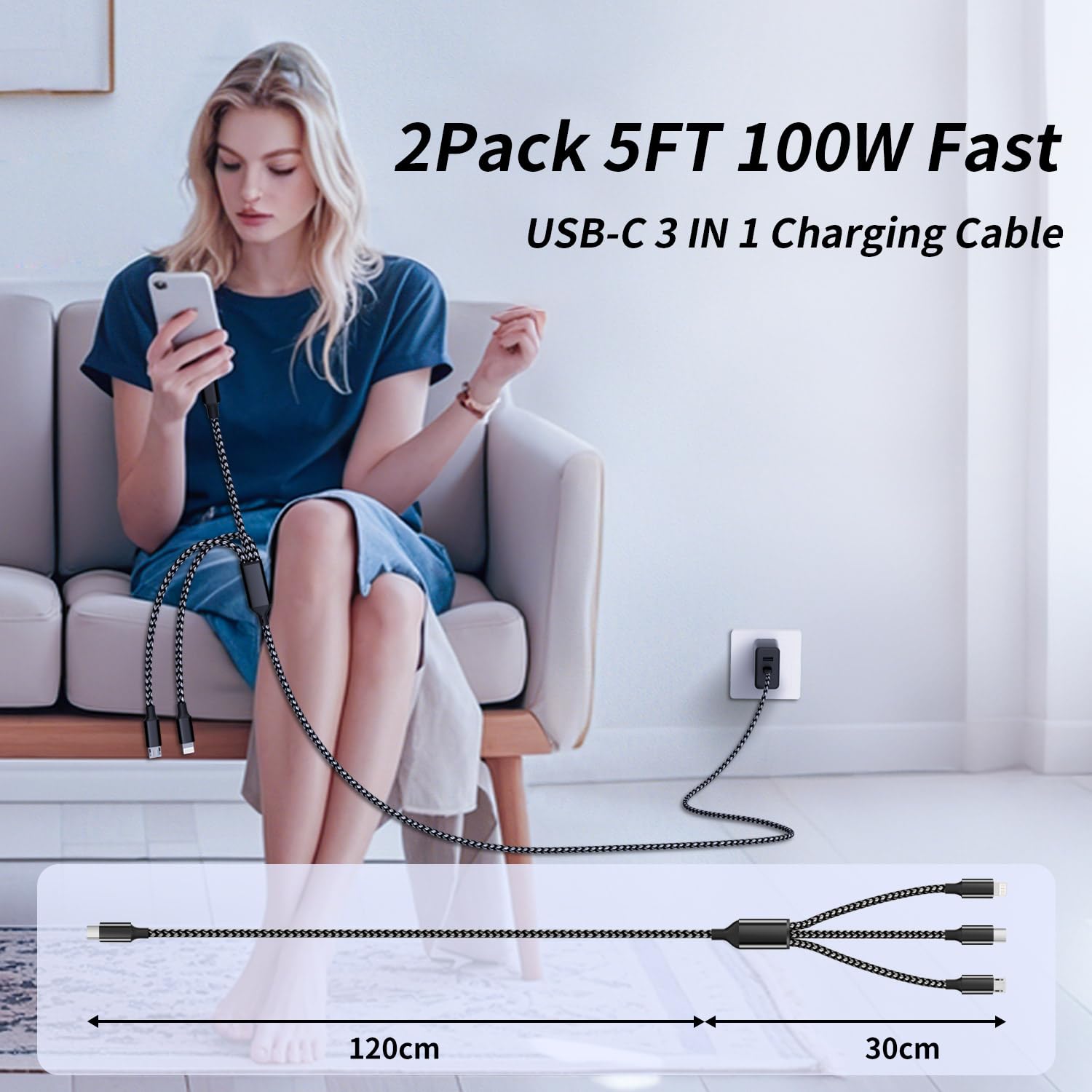 Cable de carga múltiple USB C de 100 W con chip E-Mark, cable de carga rápida USB C 3 en 1, cable de carga múltiple universal con tipo C, micro USB, puerto IP para iPhone 16/15/14/teléfonos celulares