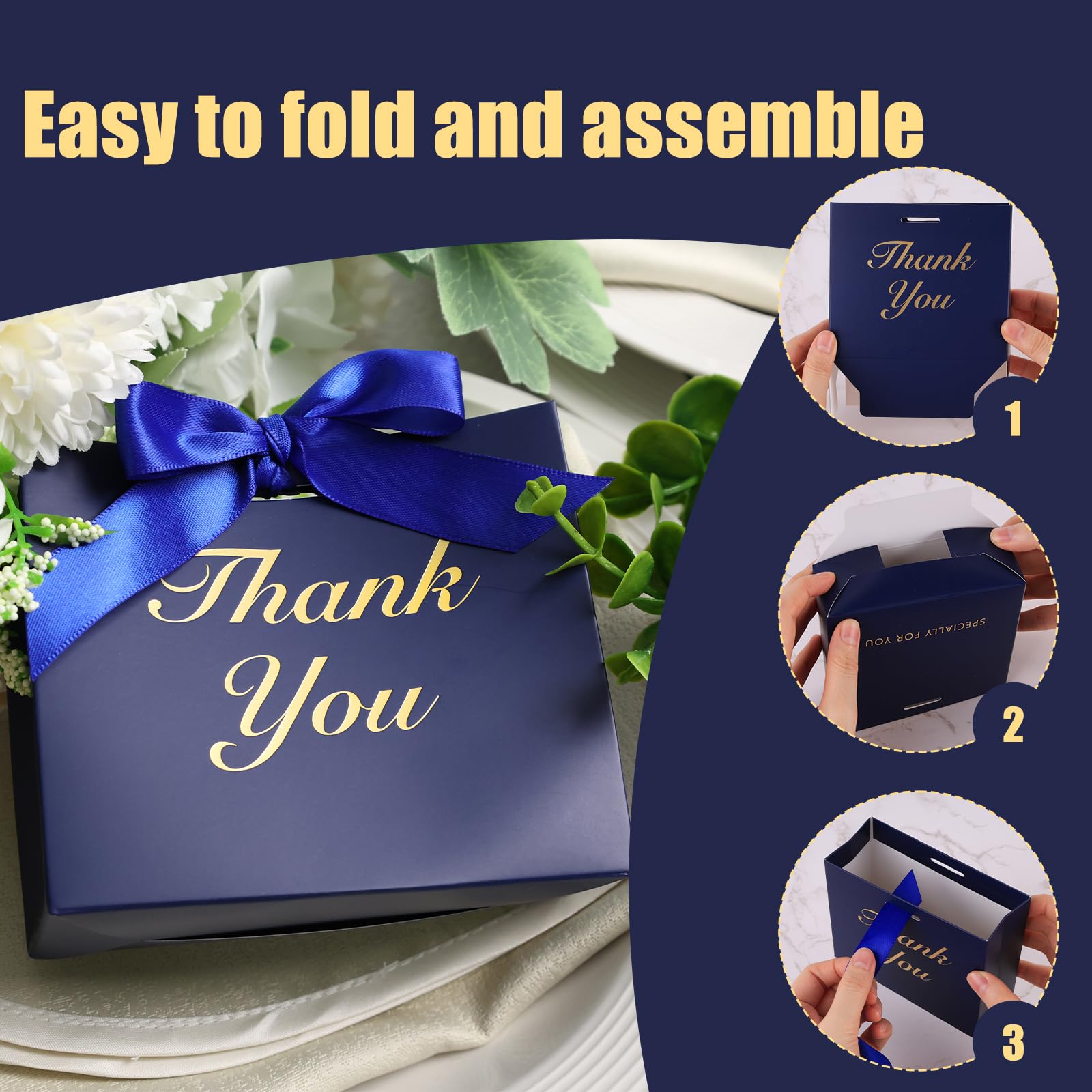 VGOODALL Thank You Gift Bags, 24 Pack Light Blue With Gold Lettering & Bow - Wedding, Baby Shower, Birthday Favors
