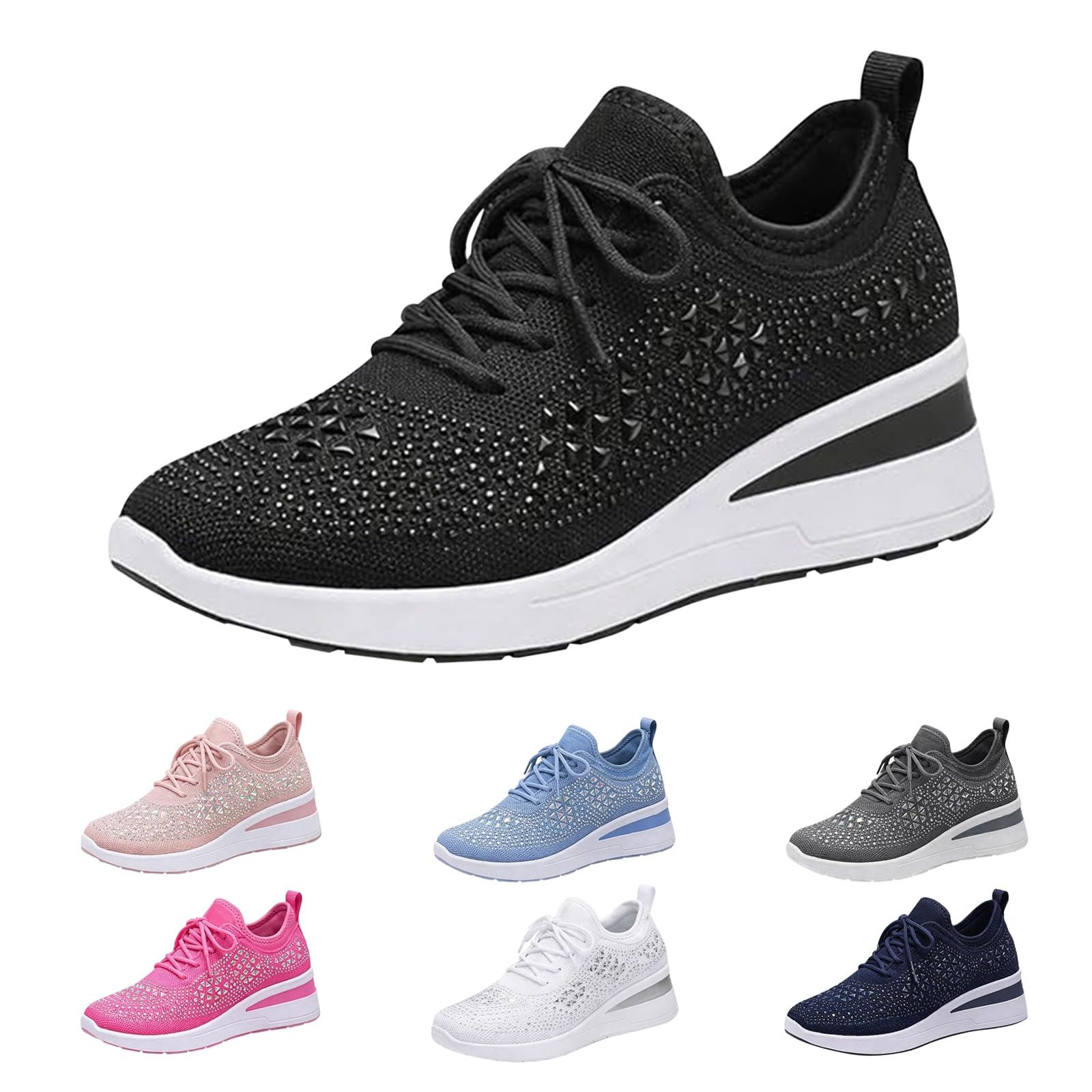 Scarpe da ginnastica da donna con plateau impreziosite con strass e maglia traspirante per abiti casual alla moda, Nero , 39.5 EU