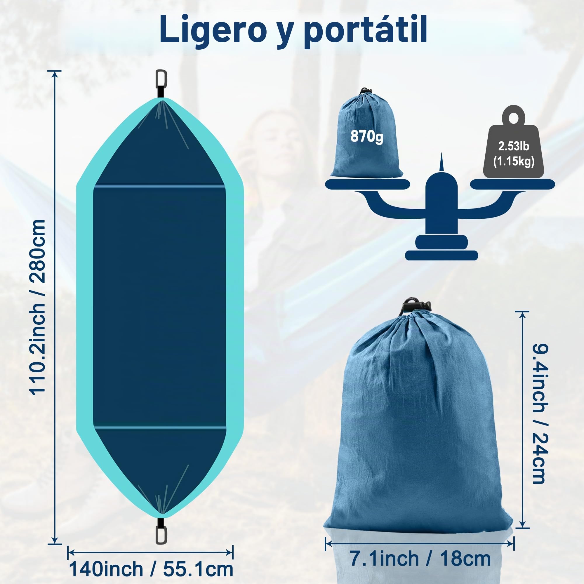 hamaca de camping al aire libre, hamacas de paracaídas portátiles superligeras con dos correas de árbol, nailon para árbol de viaje (azul lago, 280 x 140 cm)