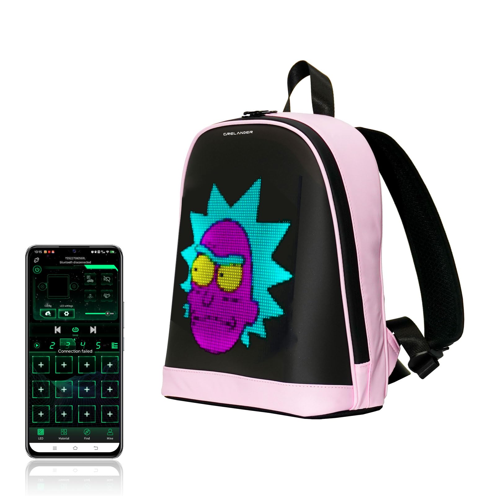 Crelander LED-Rucksack, kleiner Laptop-Rucksack mit programmierbarem Bildschirm kleine intelligente dynamische Mode Umhängetasche für Radfahren Reisen Daypack App Control, 12 Zoll