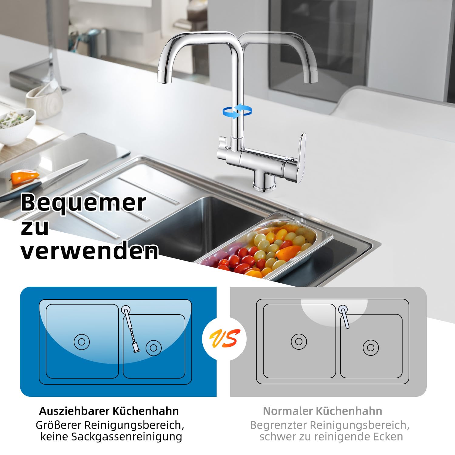 3 Wege Wasserhahn Küche,Vorfenster Küchenarmatur Klappbar mit Kaltstart,3 in 1 Mischbatterie für Wasserfilter,360°Drehbar Armatur Küche Spülarmaturen mit 2 Hebel (Chrom)