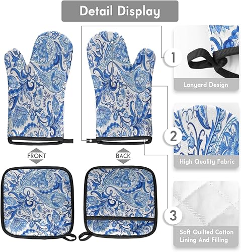 Miniatura 3 de Juego de guantes de horno y soportes para ollas con patrón de cachemira azul y blanco, guantes de horno antideslizantes resistentes al calor y