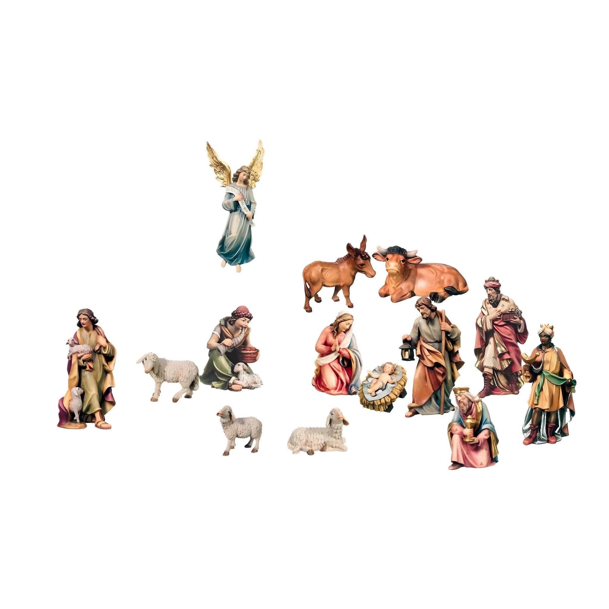 Dolfi Nativity Scene Complete with 14 Figures 14 cm | Natural Wood in Val Gardena | Nativity Scene