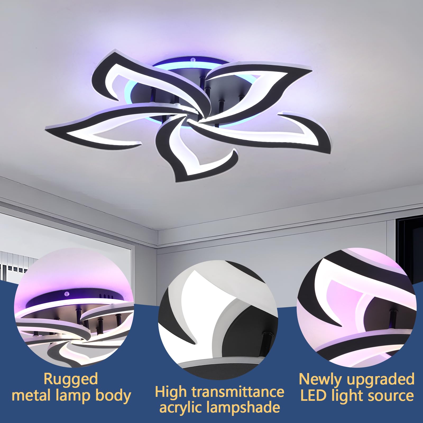 Plafoniera LED Soffitto 5 Petali Fiore Moderna Dimmerabile Nero | Plafoniera moderna da soffitto con telecomando, luce regolabile 3000-6000K per soggiorno, camera, cucina e corridoio