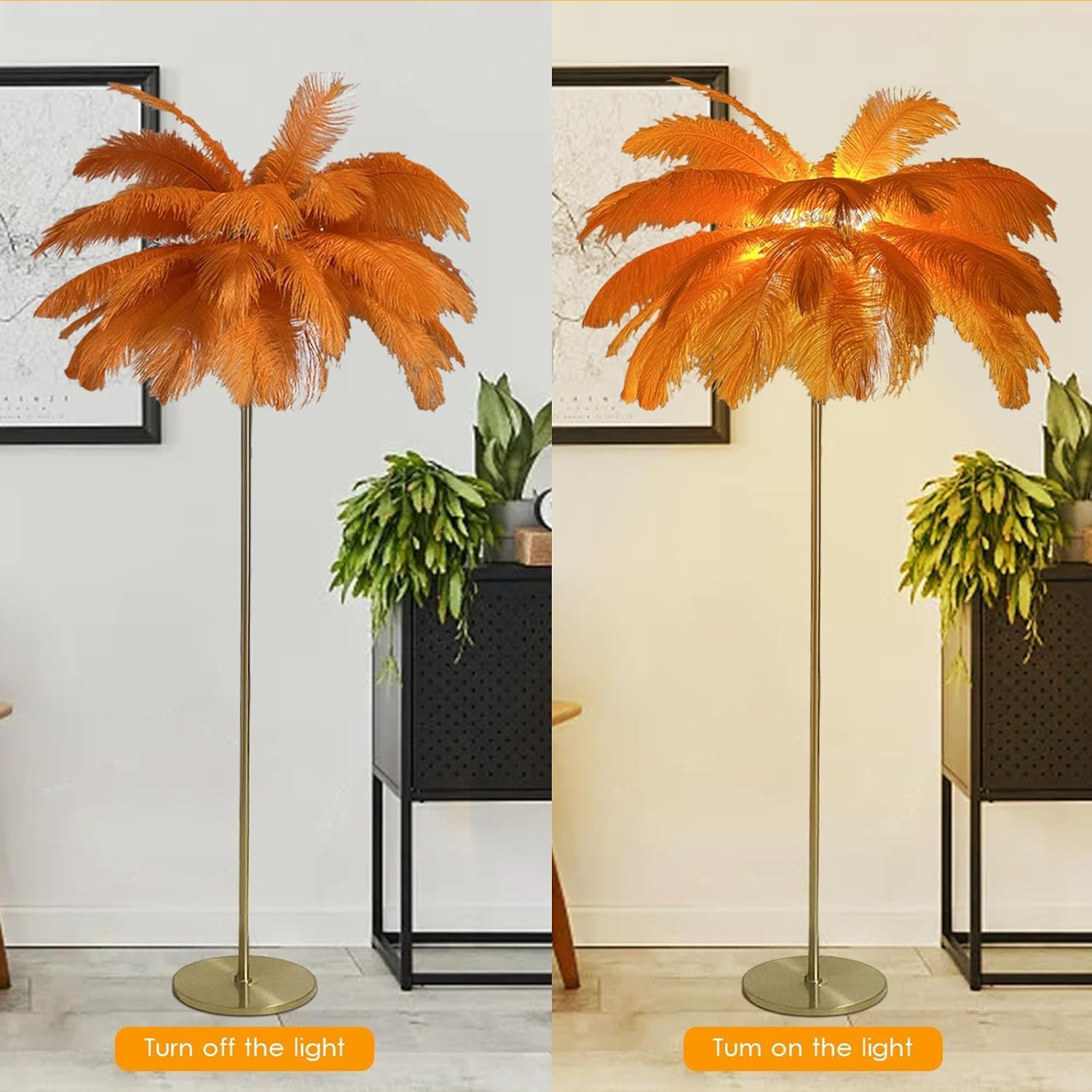 Ostrich Feather Floor Lamp, 3 Colors Led Bulb, Bedroom Standing Lamp, Decorative for Living Room Bedroom Office Shop Window（62.99 Inch High） Orange