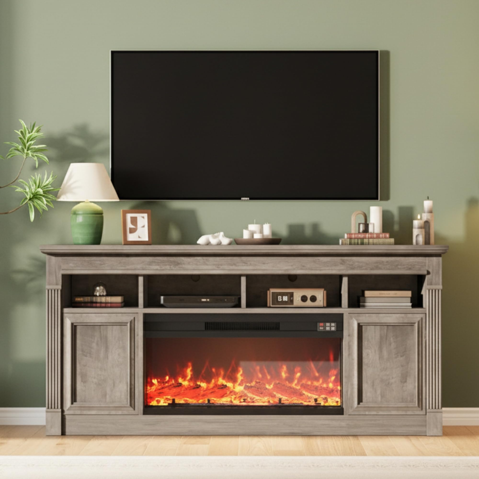 GarveeLife 68" Fireplace TV Stand for TV Up to 75", Entertainment Center with 36'' Electric Fireplace, Remote Control 3D Realistic Flame, Console