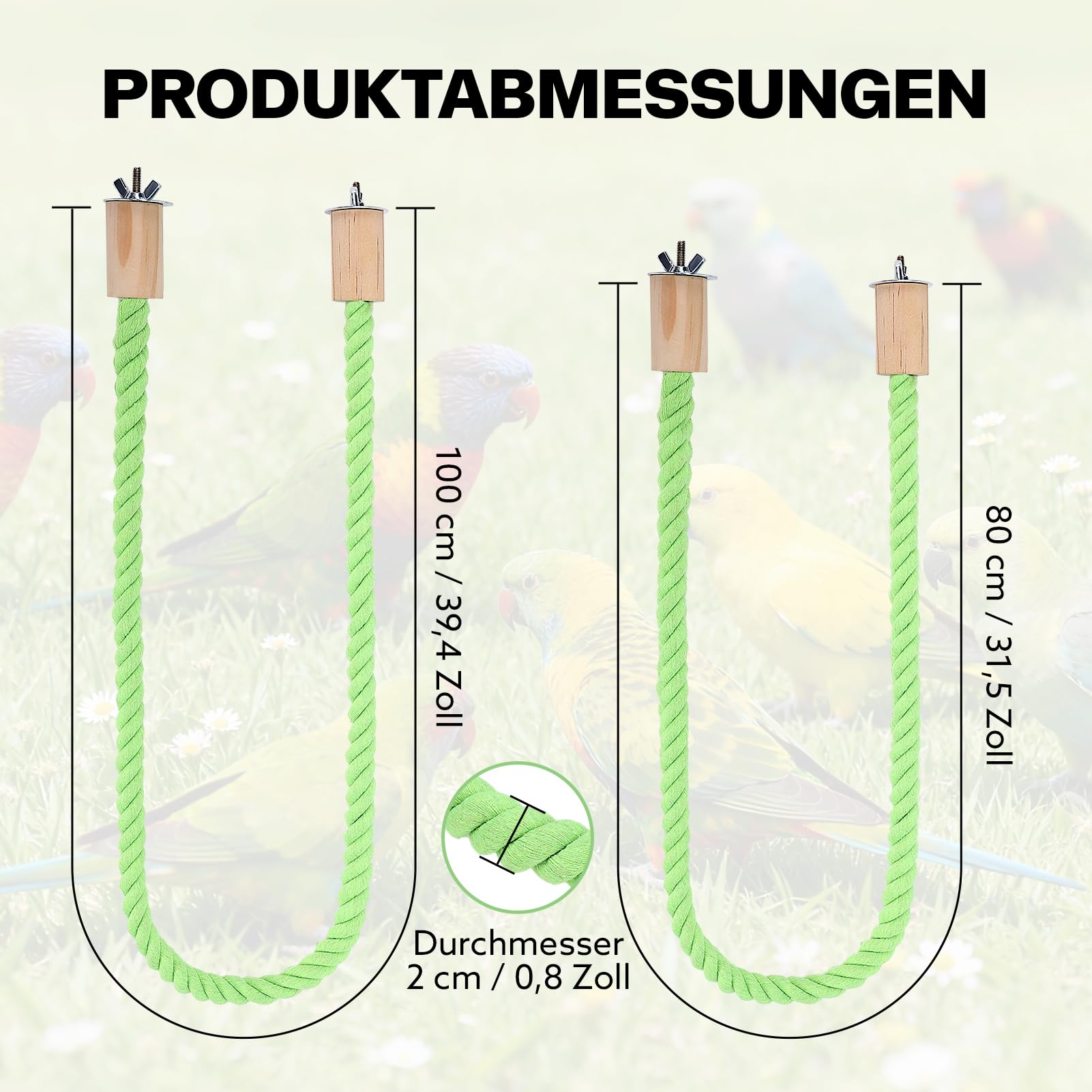 Lot de 2 cordes de chanvre pour oiseaux, 100 cm, accessoires de support de cage à oiseaux, renfort en fil de fer malléable, convient pour perroquets, perruches, calopsittes et plus encore
