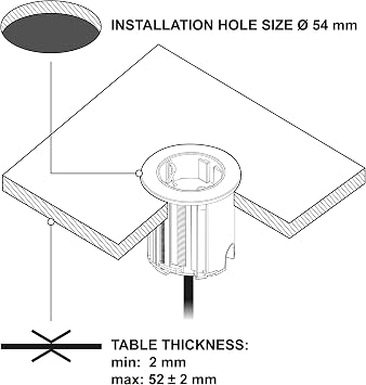 electraline grommet 62564 table top socket / table socket strip / table installation socket schuko cable 2 m d 54 mm + equipped with adapter for standard holes 60 mm black