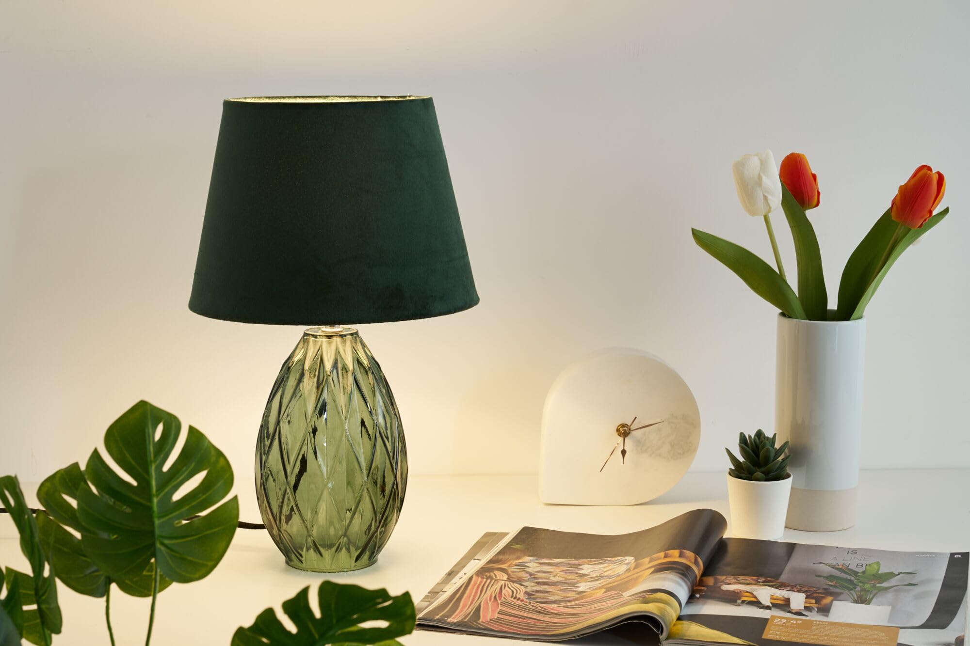 Pauleen 48156 luminaria de sobremesa Crystal Velvet, pantalla de tela aterciopelada, lámpara de vidrio verde, máx. 40 W E14 verde 230 V vidrio/tela