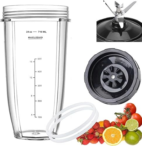 Nuevo modelo Cuchilla macho de repuesto de 7 aletas y vaso de licuadora de 24 onzas compatible con Nutri Ninja Blender hoja de 7 aletas macho de 4