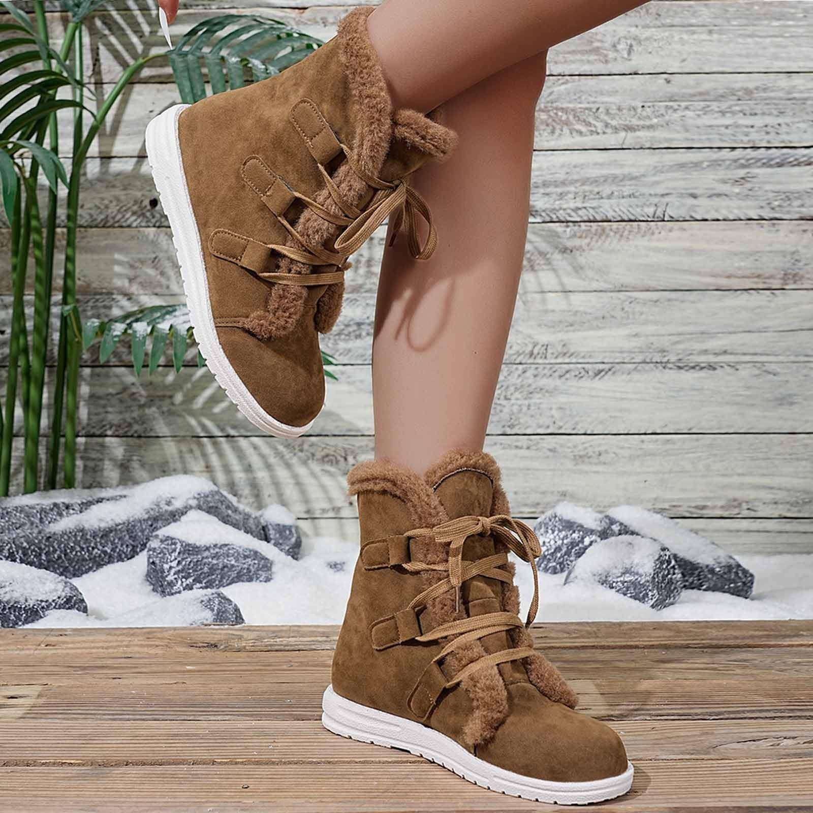 Bottes de Neige Femme Fourrées en Daim Bottes Femme Hiver Chaudes à Lacets Bottine Confort Chic Chaussure Hiver Plate Bottines Snow Boots Fourrées Imperméable Botte Neige Chaussures de Randonnée Ski