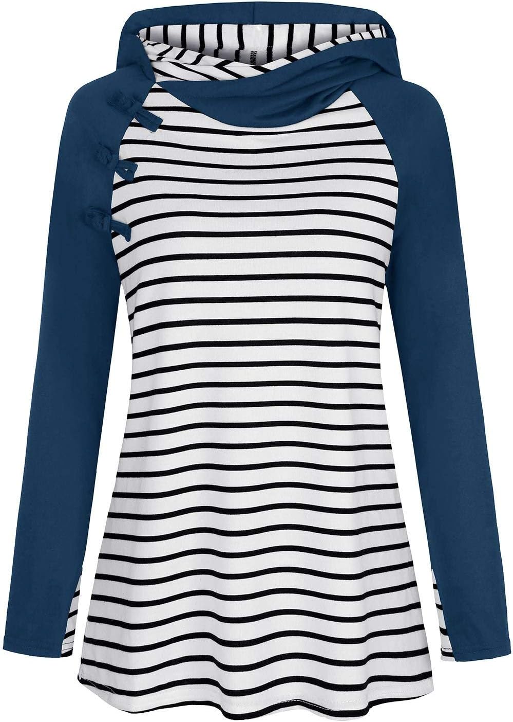CyanstyleWomen's Long Sleeve Striped Hooded Knotted Cowl Neck Tunic Sweatshirts Tops Blue Small