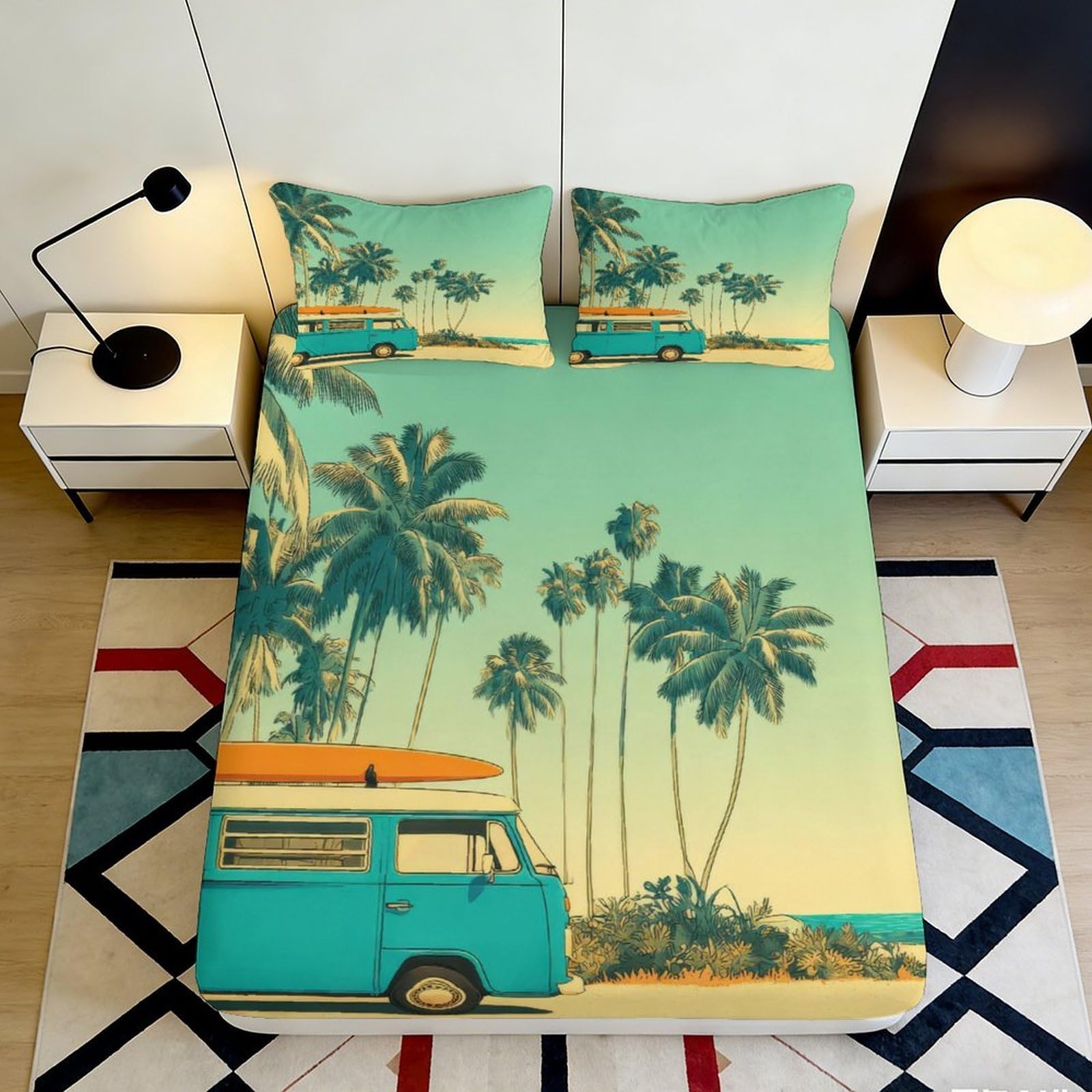 3D Printed Tropical Palm Trees Fitted Sheet Microfiber Soft Breathable Surf Van Beach Mattress Cover for Bedroom Dormitory Guest Room Protection Decoration 120x200x25cm