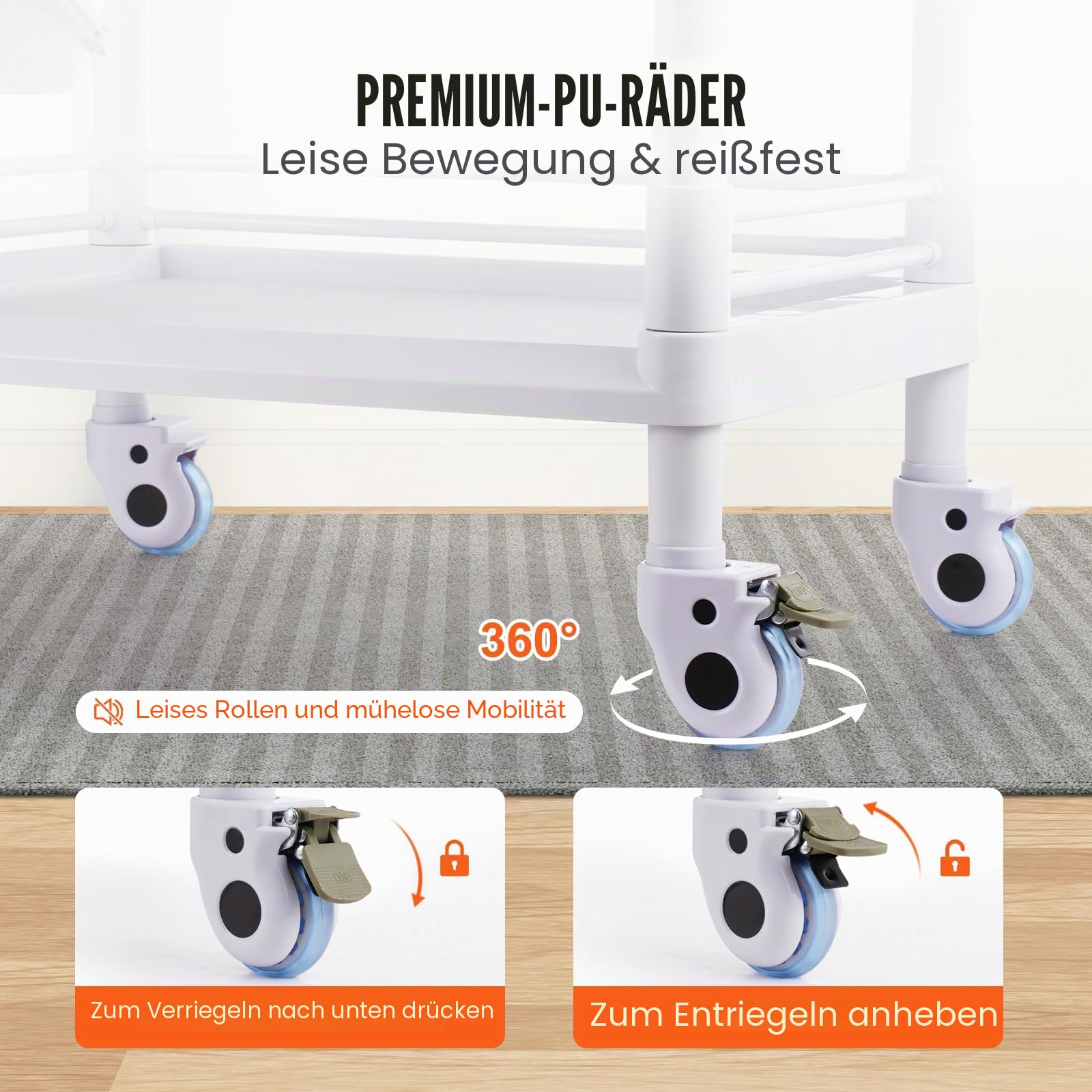 VEVOR Laborwagen Medizinwagen mit 2 Ablagen, 2 Schubladen und 4 Rädern, Rollbarer Laborwagen PP-Material, 50 kg belastbarer Servierwagen mit 3 Mülleimern für Labor, Klinik, Krankenhaus, Salon, weiß