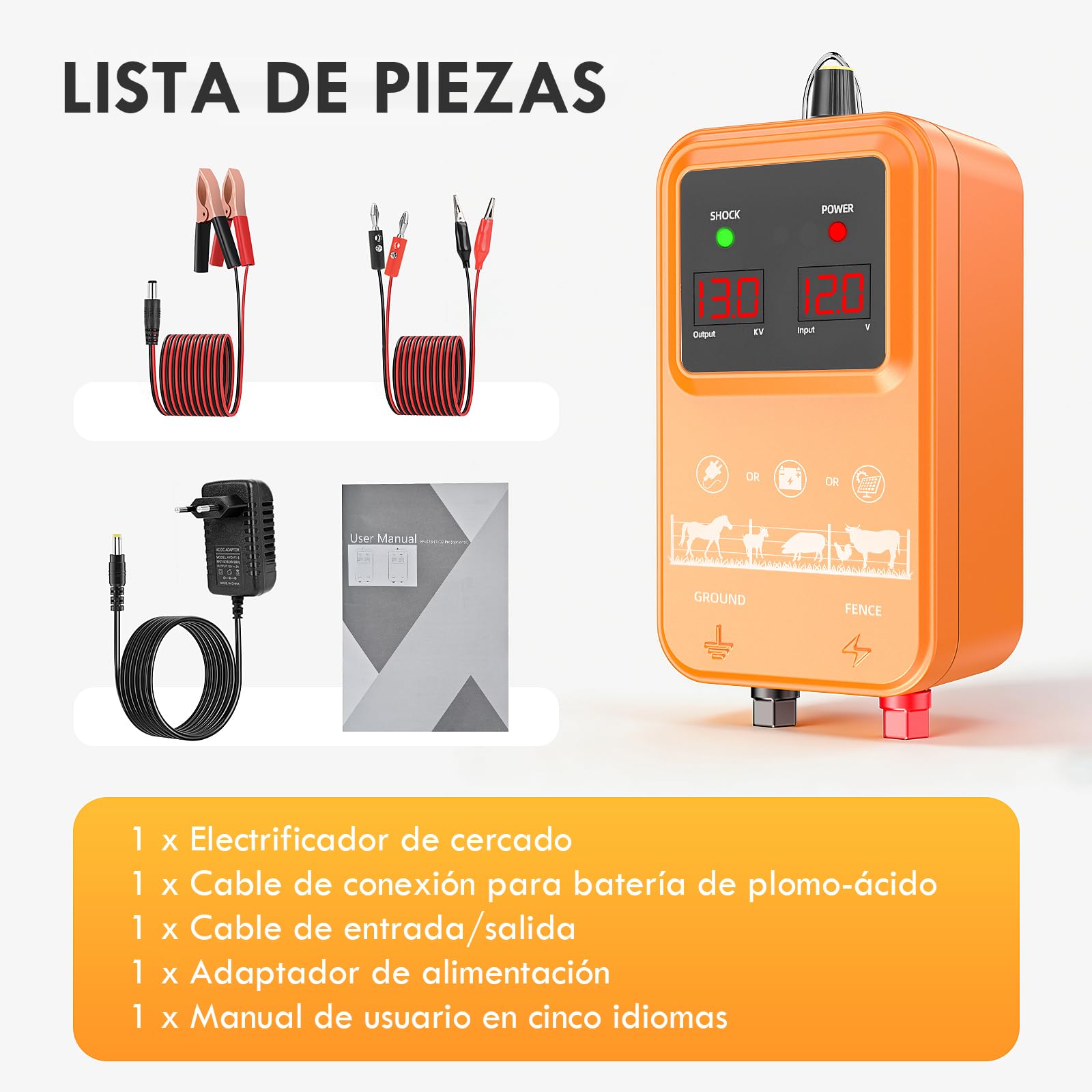 15KM Cerca Eléctrica para Ganado y Animales, Electrificador de Cerca Ajustable 7-13KV 2.0J de Alta Potencia, Protección Completa para Caballos, Ovejas, Perros, Pastos, Granja y Jardín (Naranja)