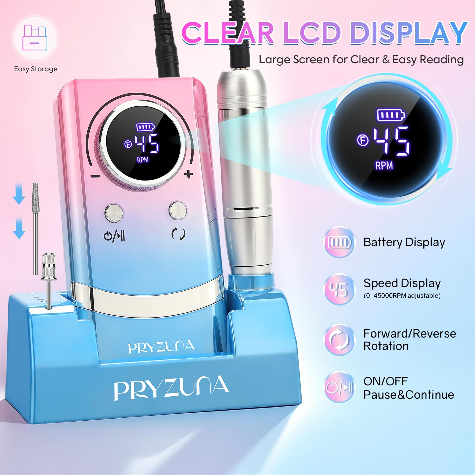 Taladro de uñas profesional, lima eléctrica portátil de 45000 RPM, taladro de uñas inalámbrico con kit de brocas y base, para uñas de gel acrílico, máquina de archivo E, pulido de manicura, para salón