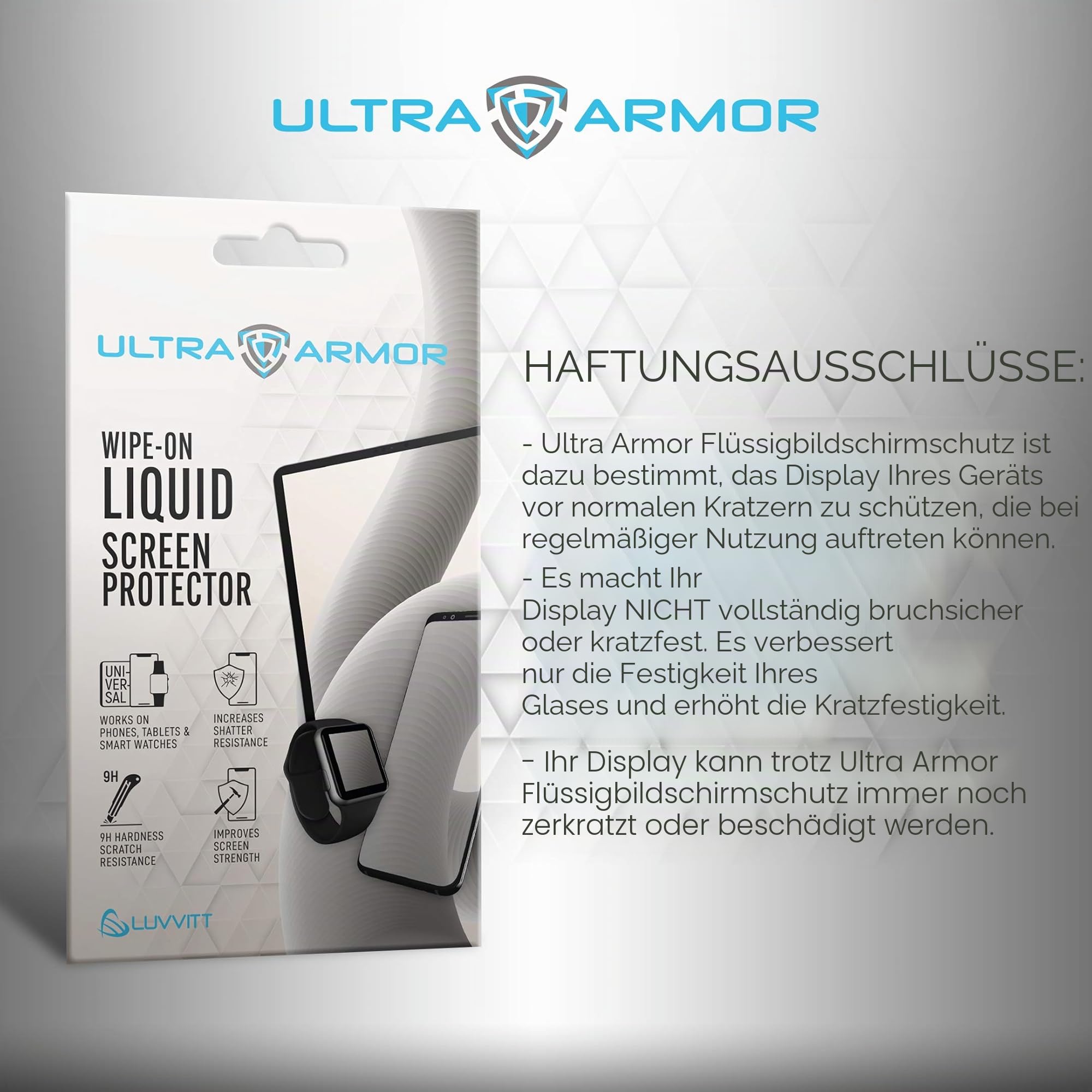 ULTRA ARMOR Liquid Glass Screen Protector for All Smartphones Tablets and Watches Wipe On Nano Protection - Universal | Kratz- und bruchfester Schutz für alle Handys, Tablets, Smartwatches, iPhone 17 Pro Max, Galaxy S26 Ultra