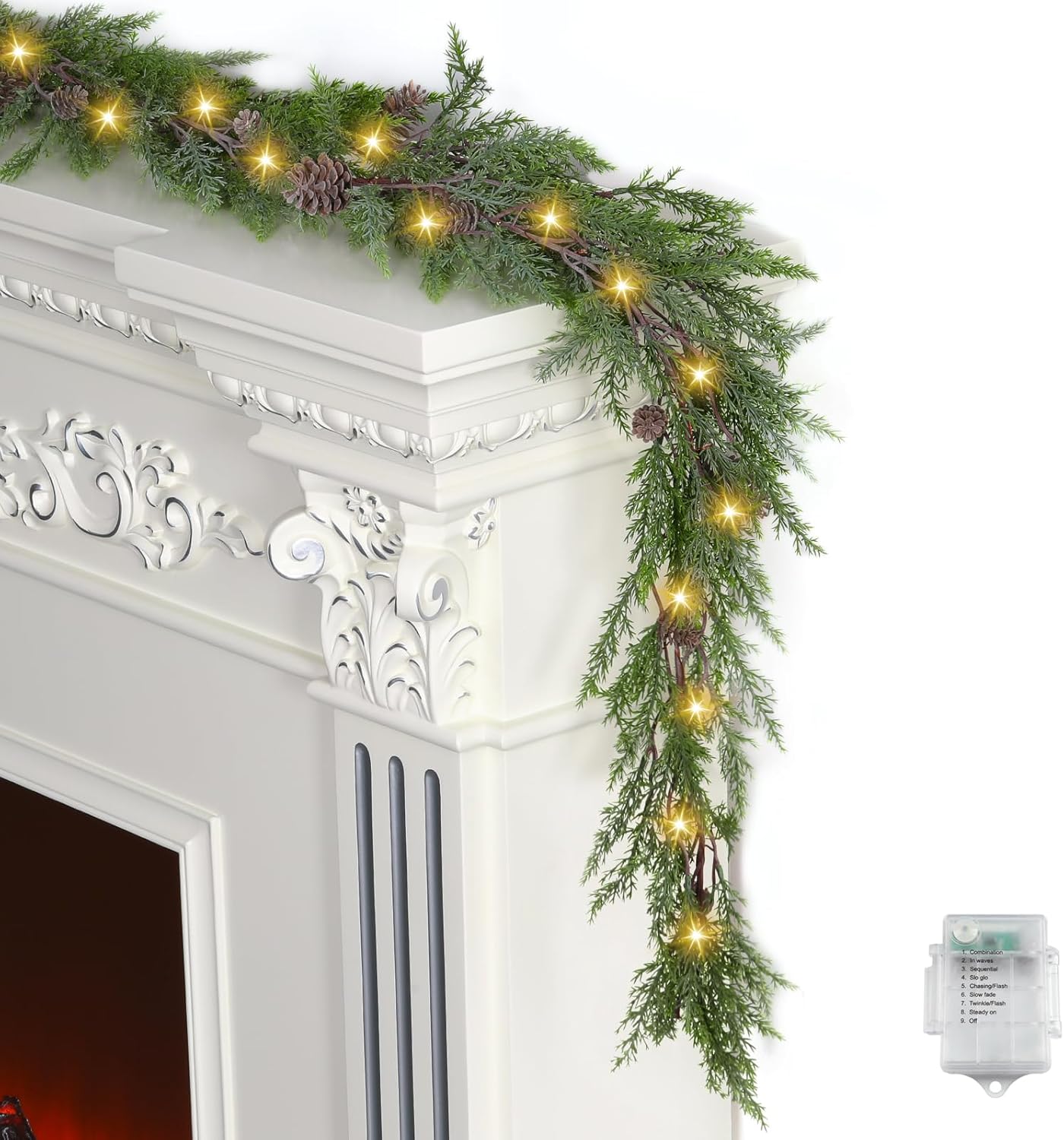 Artgar Pine Garland Realistic, 6 FT Cedar Garlands, Christmas Garland with 30 Warm Lights with 8 Light Modes, Garland Christmas Decorations for Mantels Stair Table Decor (Green)