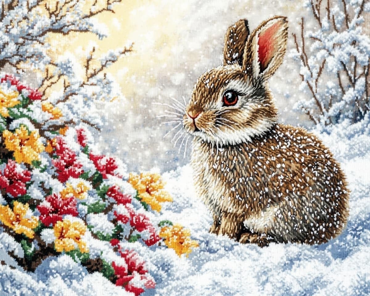 AxiangziK 16x20 Inch Cross Stitch Kit,Rabbits and Flowers in the Snow 40x50cm Pre Printed Embroidery Kit for Adults,DIY Needlepoint Wall Art Home Decor