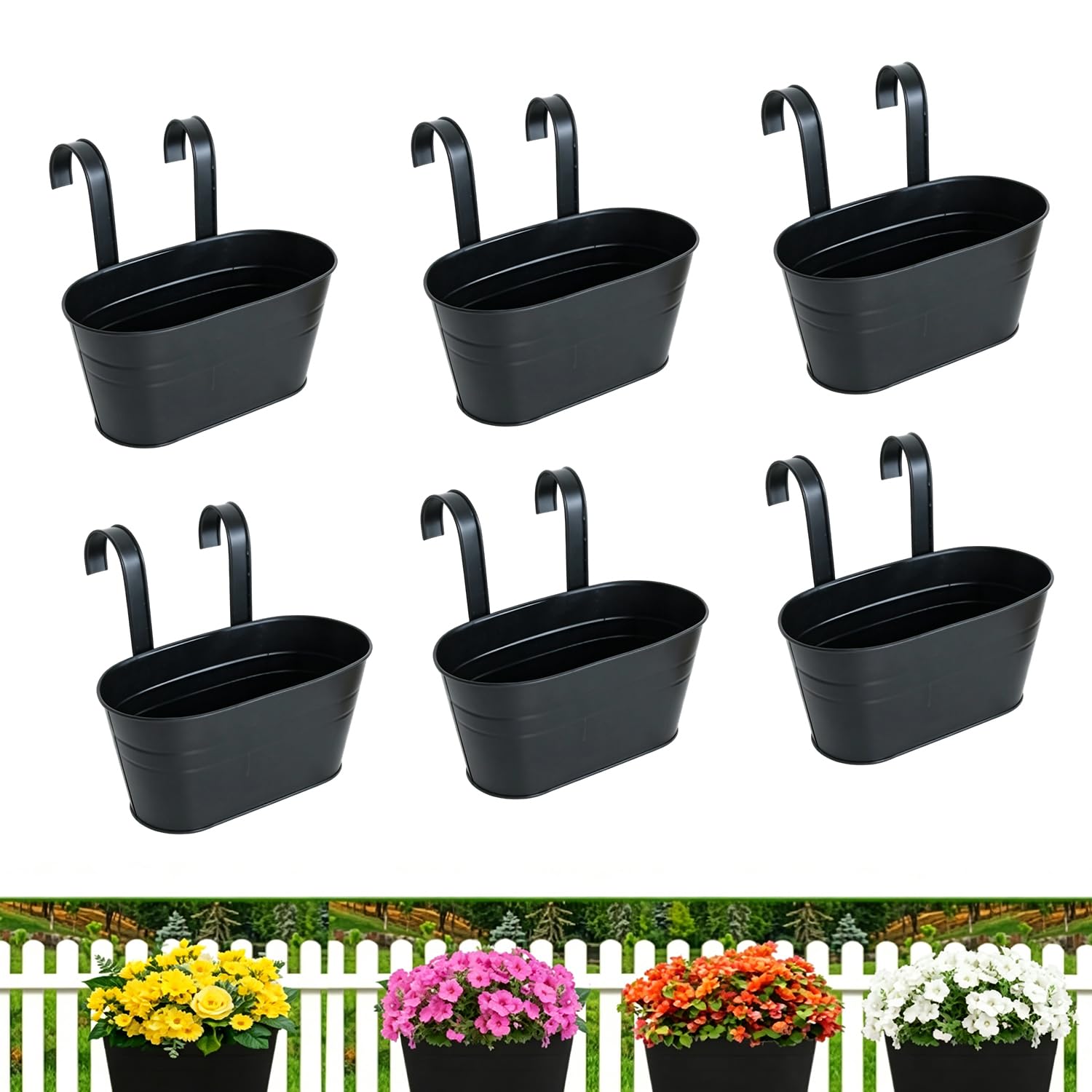 6 szt. Metalowe wiszące doniczki 28 cm czarna metalowa doniczka wisząca, wisząca doniczka z odpinanymi haczykami, idealna na balkon, ogrod, do ogrodu i ścian (czarny)