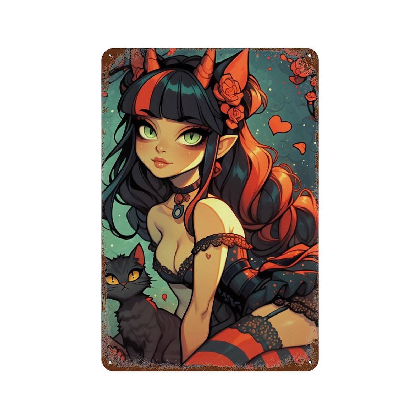 Fantasy Devil Girl with Cat Decorative Tin Sign 11.8"x7.9", for Bistro, Counter And Cafe Decor, Novelty Wall Decor
