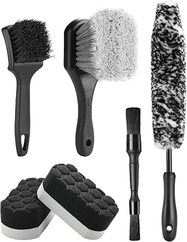 Fantasticlean 6PCS Car Wheel Cleaning Pro Kit, Tire Brush, Soft-bristled Rim Brush, Microfiber Bendable Brush, Double-Ended Detailing Brush, and Detailing Pads, Scratch-Free & Multipurpose