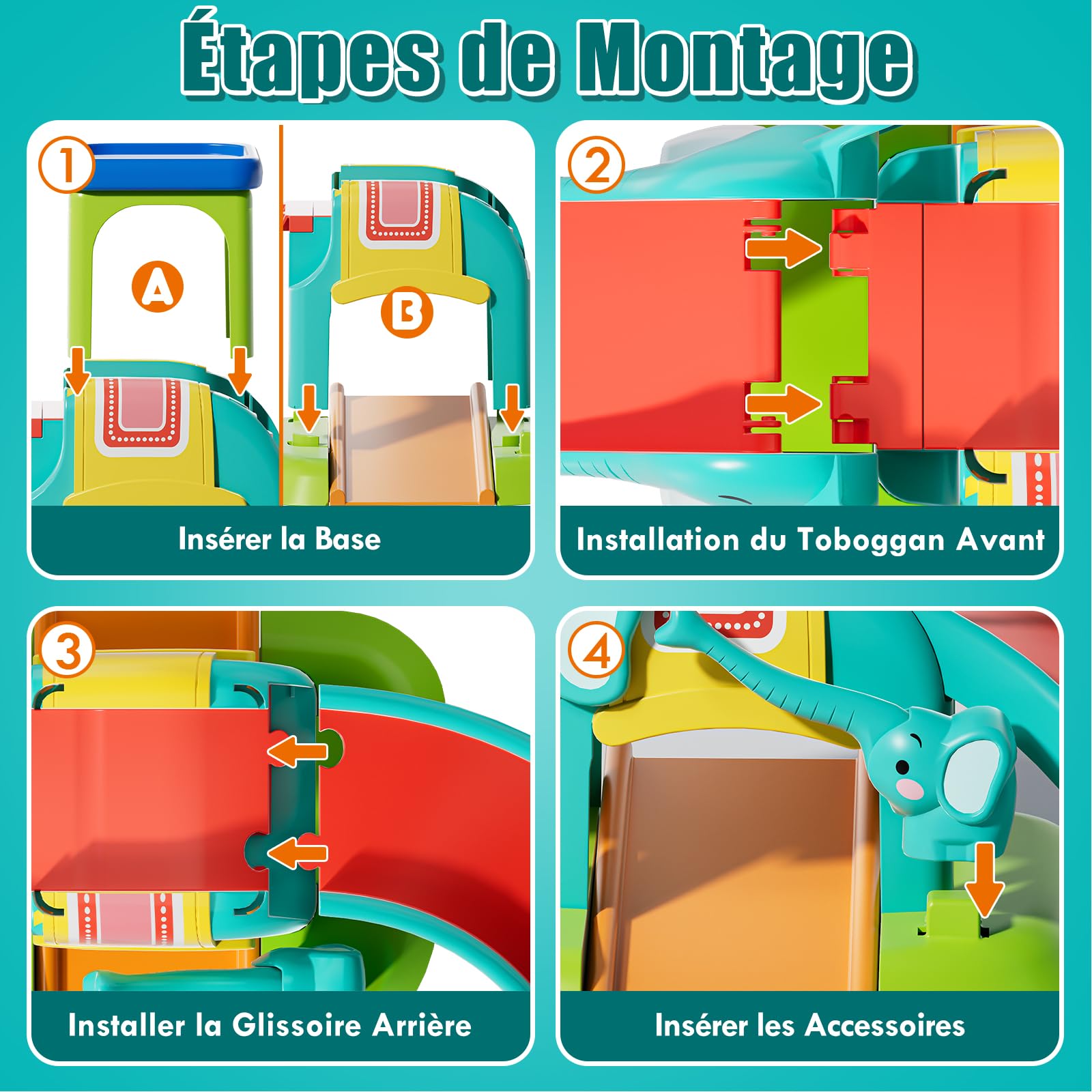 Lehoo Castle Jouet de Voitures pour Enfant 1 2 3 Ans, Cadeau pour Enfant, Toboggan Éléphant avec 4 Voitures a'Animaux, Jeux Éducatif pour Bébé 12+ Mois, Piste de Voitures à Pousser