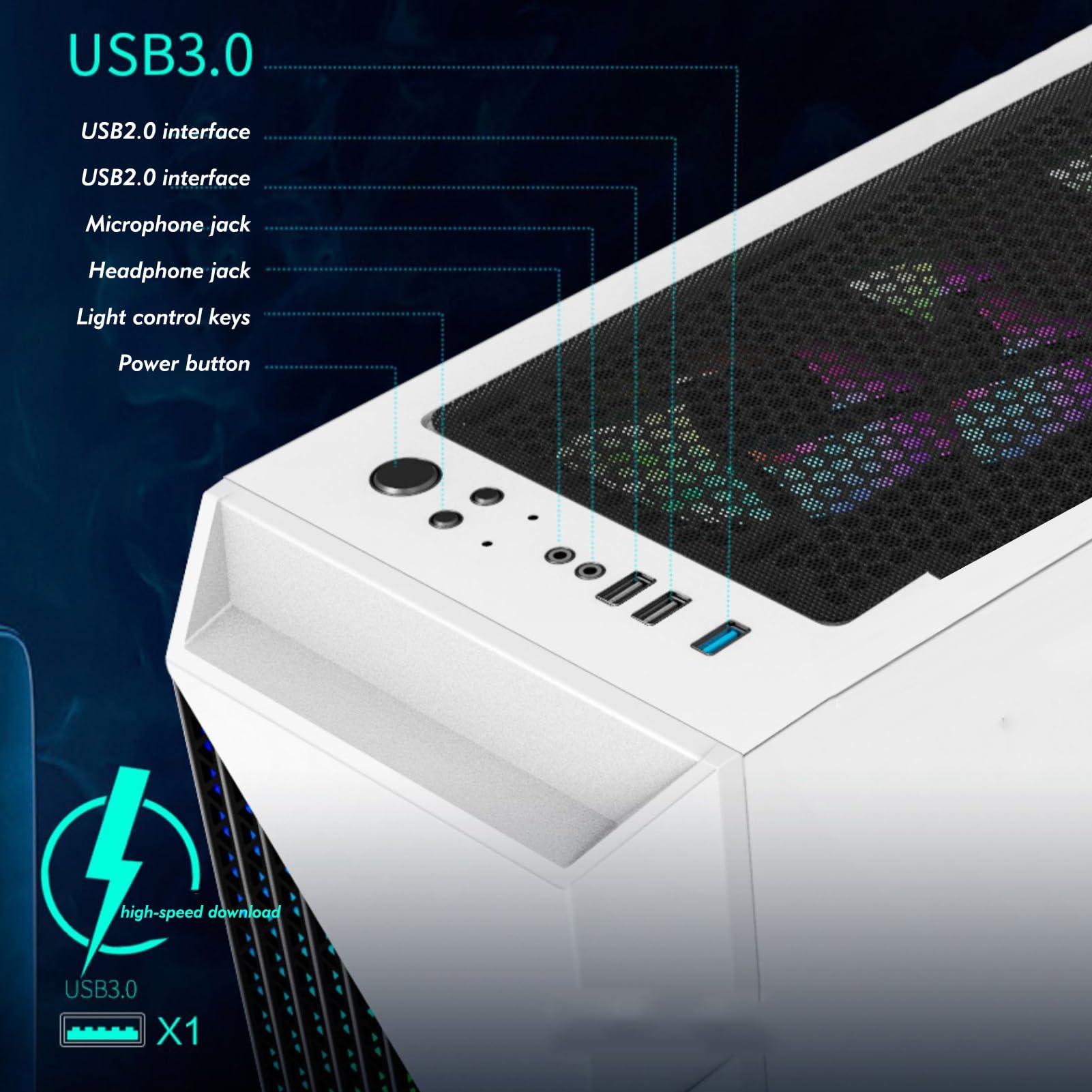 Custodia da gioco for PC, custodia mid-tower ATX/M-ATX/ITX, preinstallata con 6 ventole, USB 3.0, pannello laterale in vetro temperato, supporta il raffreddamento ad acqua, facile gestione dei cavi (
