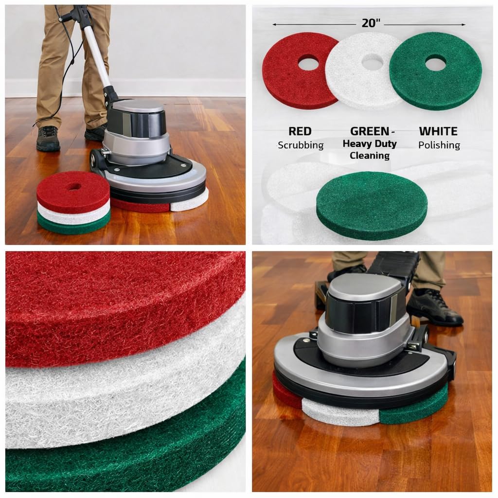 20" Floor Buffer Pads (3-Pack) for Orbiter Machines – Red, Green & White Pads for Scrubbing, Polishing & Stripping Hardwood & Commercial Floors | TTS Products