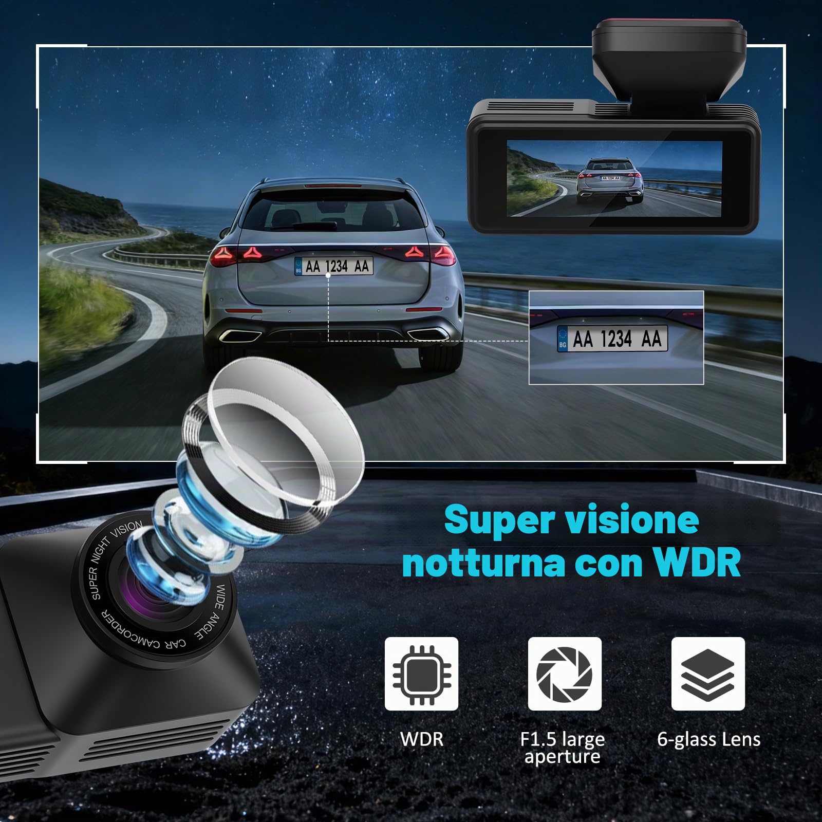 Dashcam Auto 4K Anteriore Posteriore 1080P, Doppia Telecamera | 170° Grandangolo, Visione Notturna, Modalità Parcheggio G-Sensor, Scheda SD 64GB, Installazione Facile