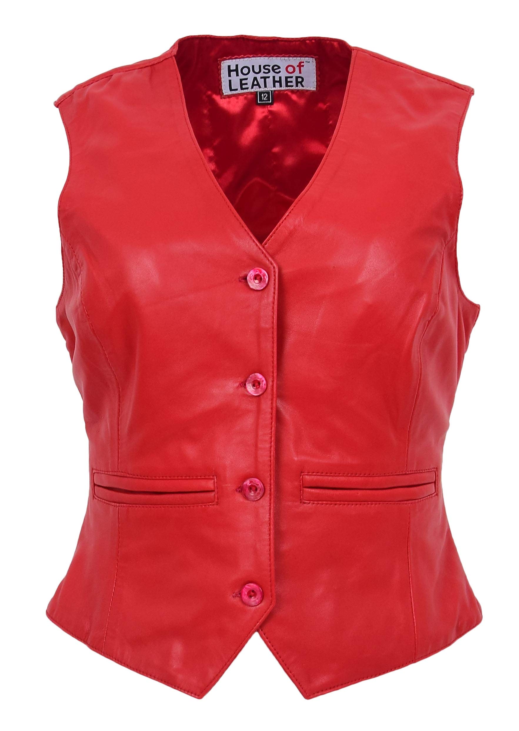 House Of Leather Women's Red Real Leather Waistcoat Button Fastening Traditional Style Rita (8, )