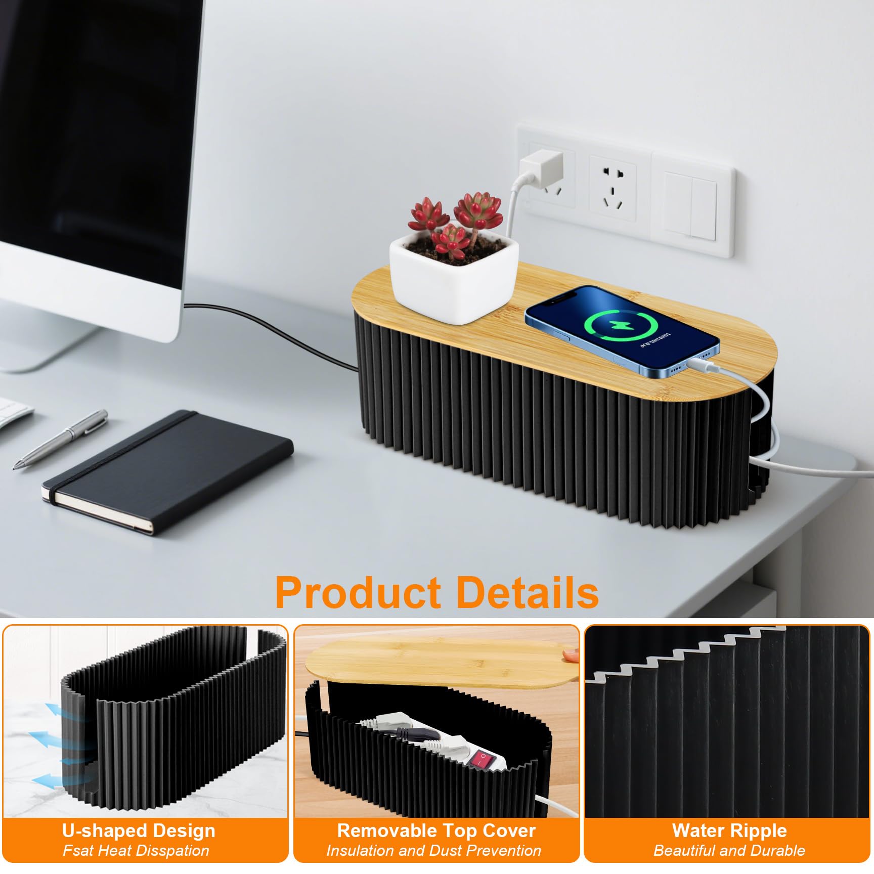 Voency 2PCS Cable tidy box,Cables management box with Bamboo Lid Cables Organised Box for Storage Organising Management Desk TV Computer USB Hub Strips Cords Cables Organised Box Black - Image 4