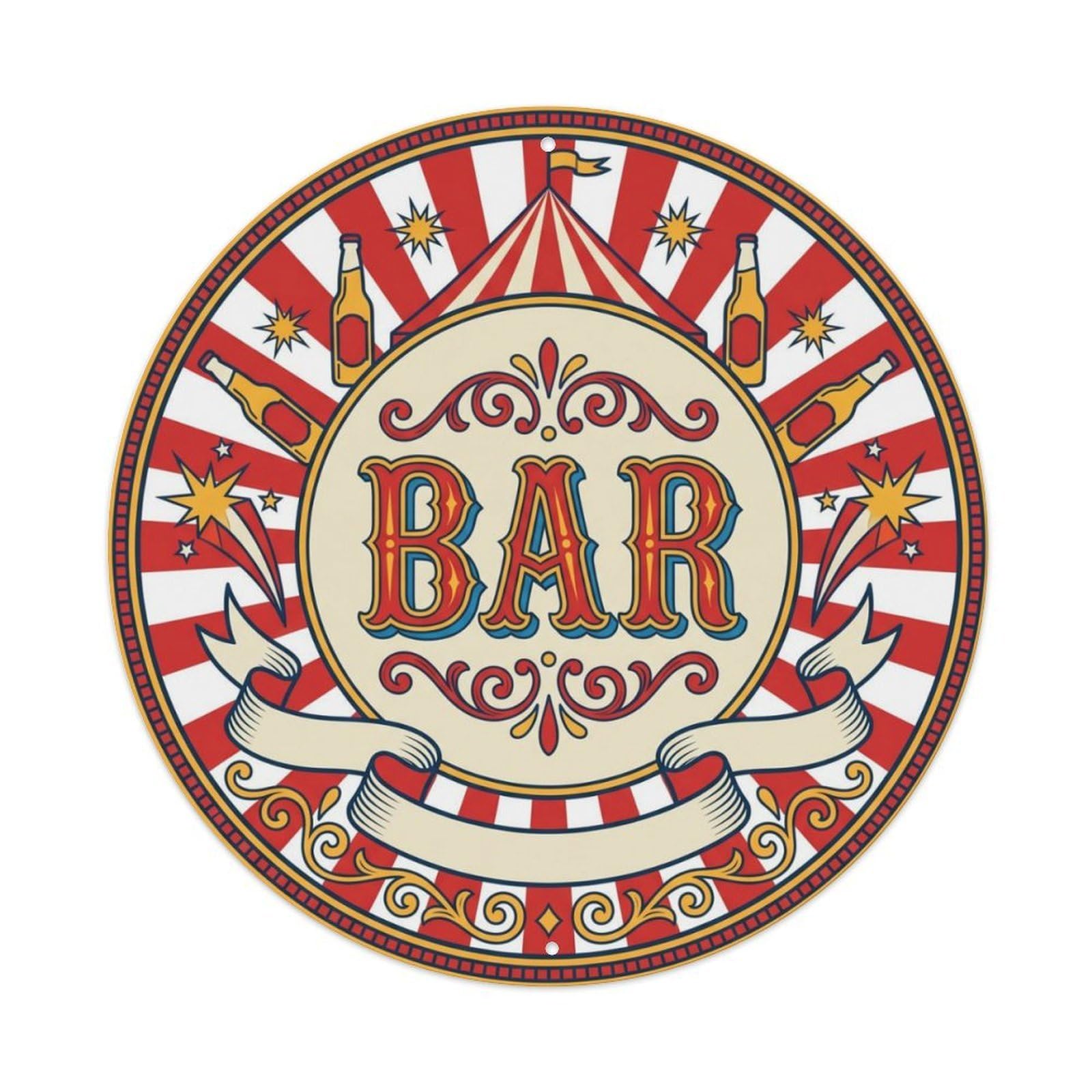 BAR Vintage Circus Plate Metal Tin Sign Plaque Wall Decor for Cafe, Club Bar, Office, Home Garden Round Metal Poster 8x8Inch
