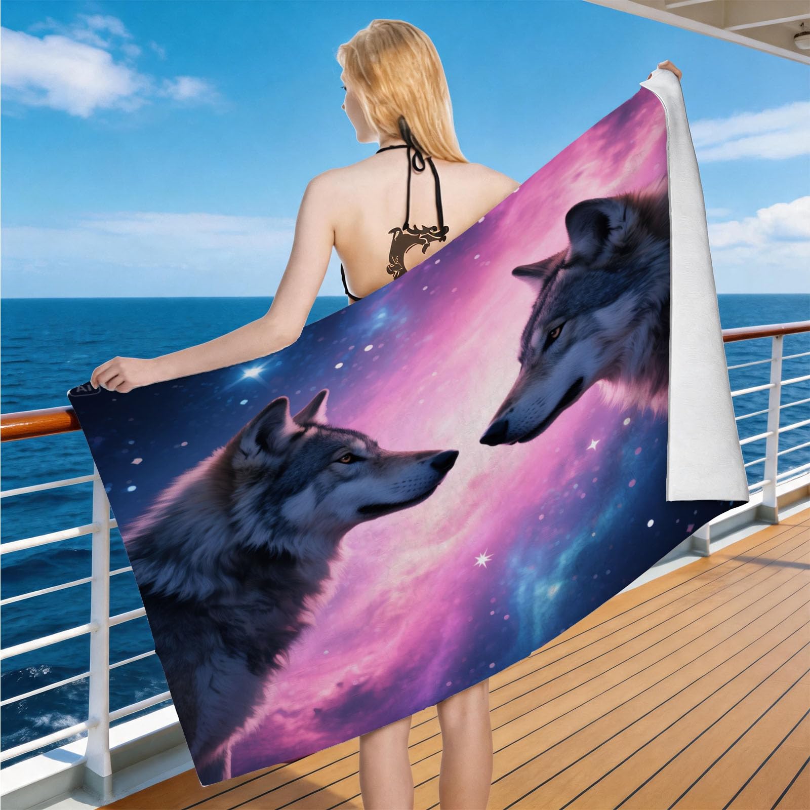 Hongduo Microfiber Quick Dry Beach Towel Galaxy Wolf, 3D Wolf Totem Beach Towels Absorbent Fast Drying Bath Towels, Travel Camping Gym Swimming Bathroom (90x180cm)