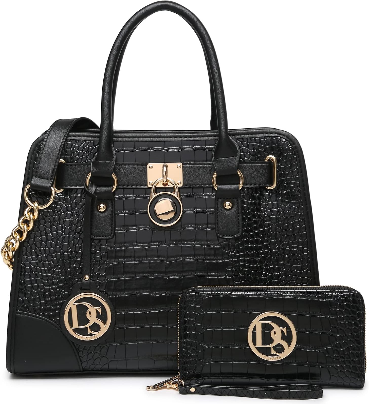 Women Handbags Top Handle Satchel Purse Shoulder Bag Hobo Bag Work Bag Set 2pcs (Croco Black)
