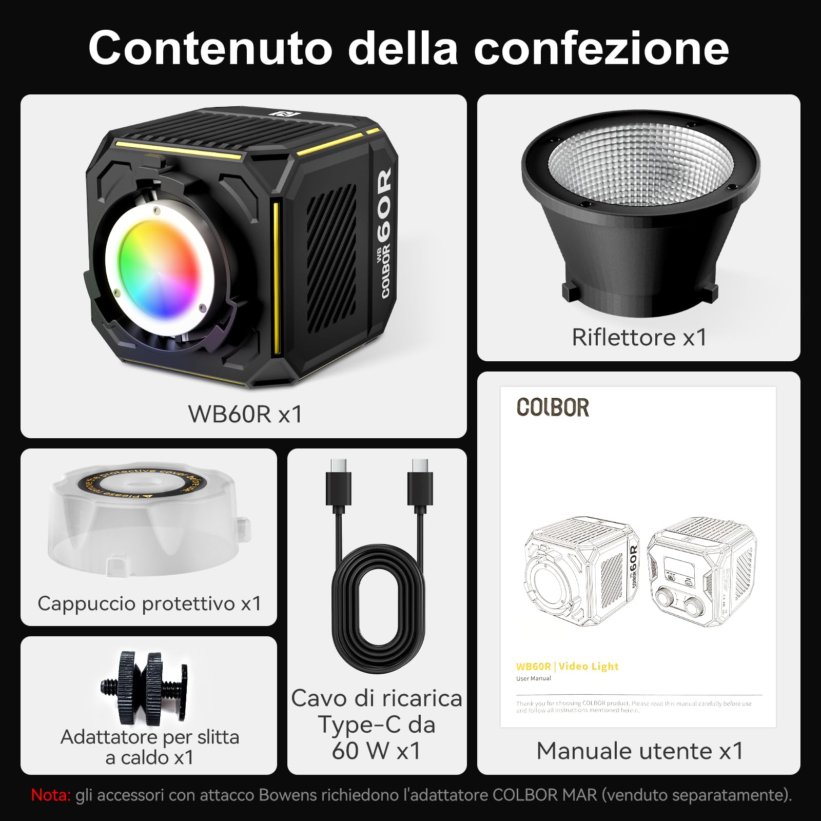 COLBOR 60W Luce Video LED con Batteria Integrata 59Wh, Lampada COB RGBW Portatile, 2700K-6500K Bi-Color, CRI 96+, Controllo App, Ricarica PD/DC, Illuminazione Professionale per Esterni e Studio