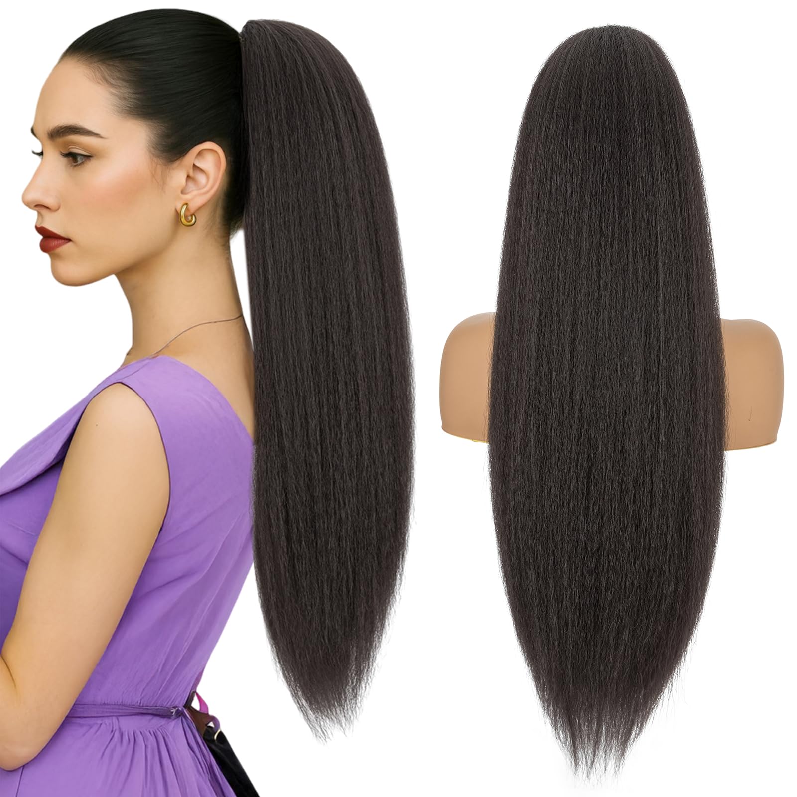 Silk-co Yaki Hair Ponytail Drawstring Ponytail for Black Women Yaki Straight Ponytail Hair Extension Long Thick Pony Tail Clip in Synthetic Hairpiece 24 Inch(60 cm-150g) Dark Brown
