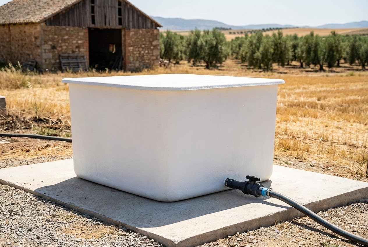 Suinga DEPOSITO de agua de POLIESTER fibra de vidrio 1000 LITROS rectangular + Tapadera. Largo 142 cm, Ancho 108,5 cm, Altura 85 cm. Apto para contener productos alimenticios.