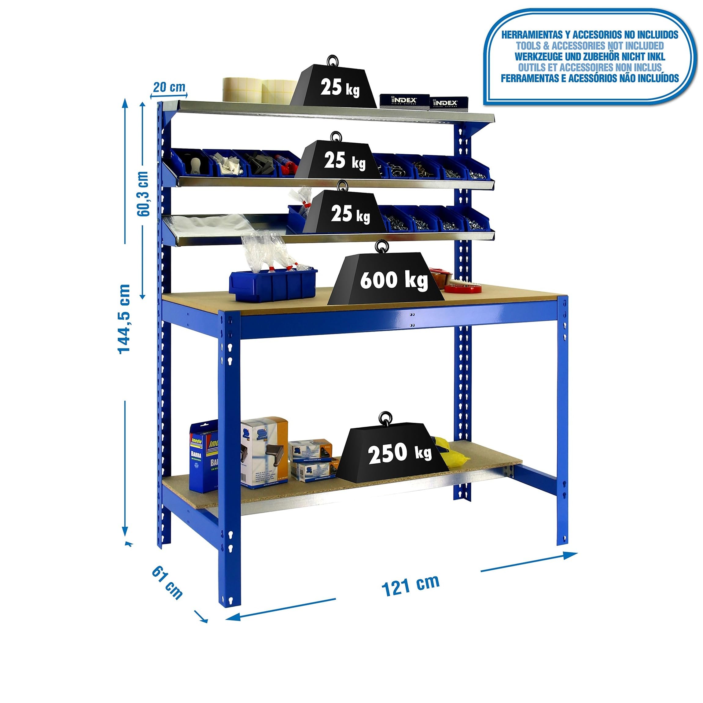Simon Rack Banco de Trabajo con 3 repisas 1210x610 mm - BT1 | Capacidad Carga 600 kg, Pintura anticorrosión, Azul , Montaje sistema clic