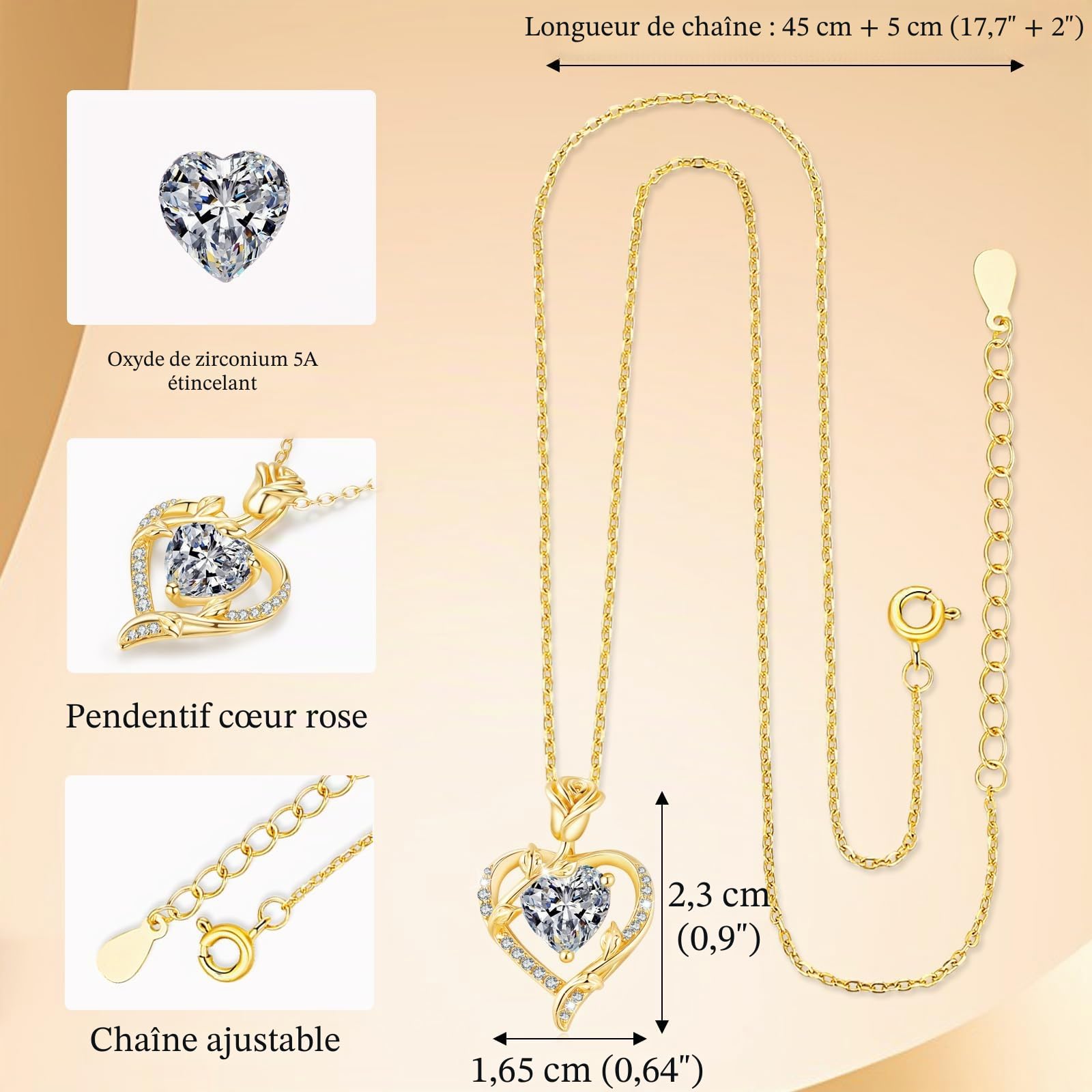 Collier Femme Or avec Rose Pendentif Cœur Bijoux Cadeau pour Maman