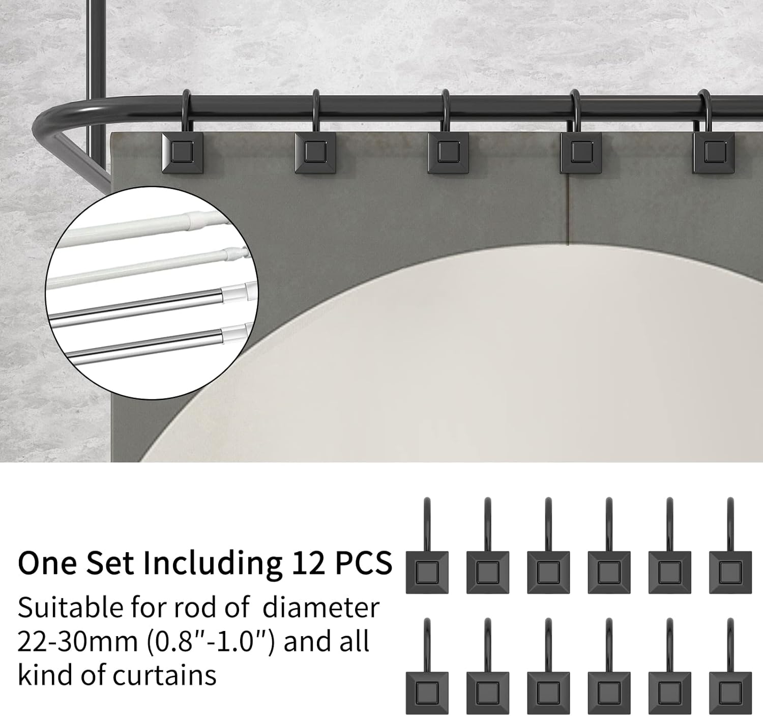 GILLAS Shower Curtain Decorative Hooks, Set of 12 Shower Curtain Rod Rings for Bathroom Rust Resistant Square, Black : Home & Kitchen