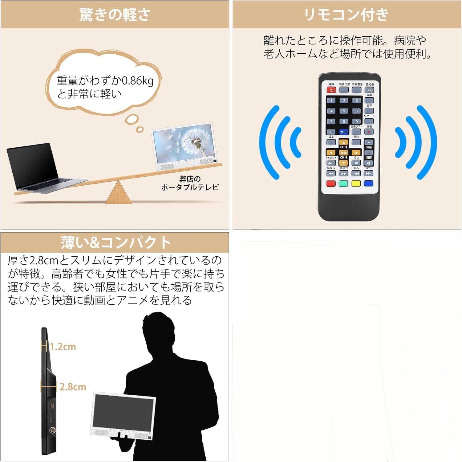 Amazon | ポータブルテレビ 録画機能付き テレビ小型 14.1インチ 極軽