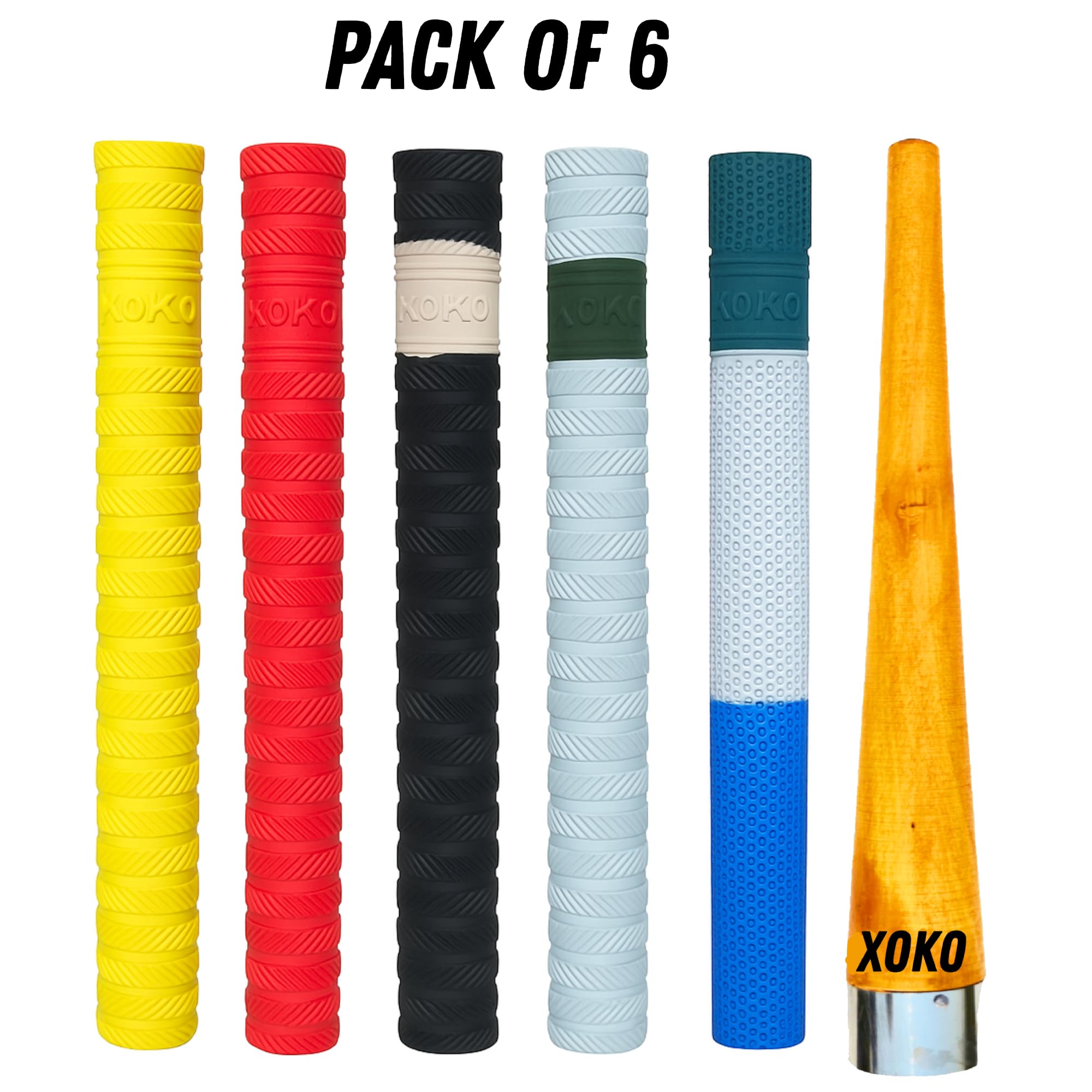 XOKO Premium Cricket Bat Grips with Wooden Cone | Anti-Slip Rubber Handle | Ultra Tacky | Pack of 6 | Durable Comfortable Grip for Enhanced Bat Control
