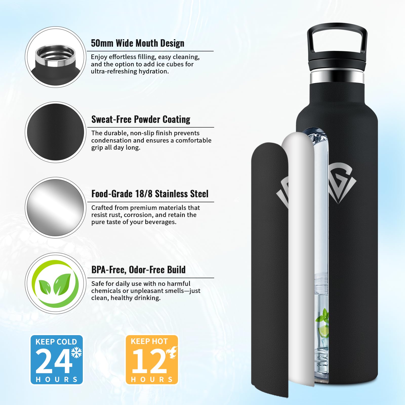 Thermosflasche 1L, Auslaufsicher Wasserflasche Kohlensäure Geeignet, Trinkflasche Edelstahl mit Strohhalm, Isolierflasche Doppelwandig, BPA-frei, Sportflasche für Büro, Reisen, Laufen, Fitness